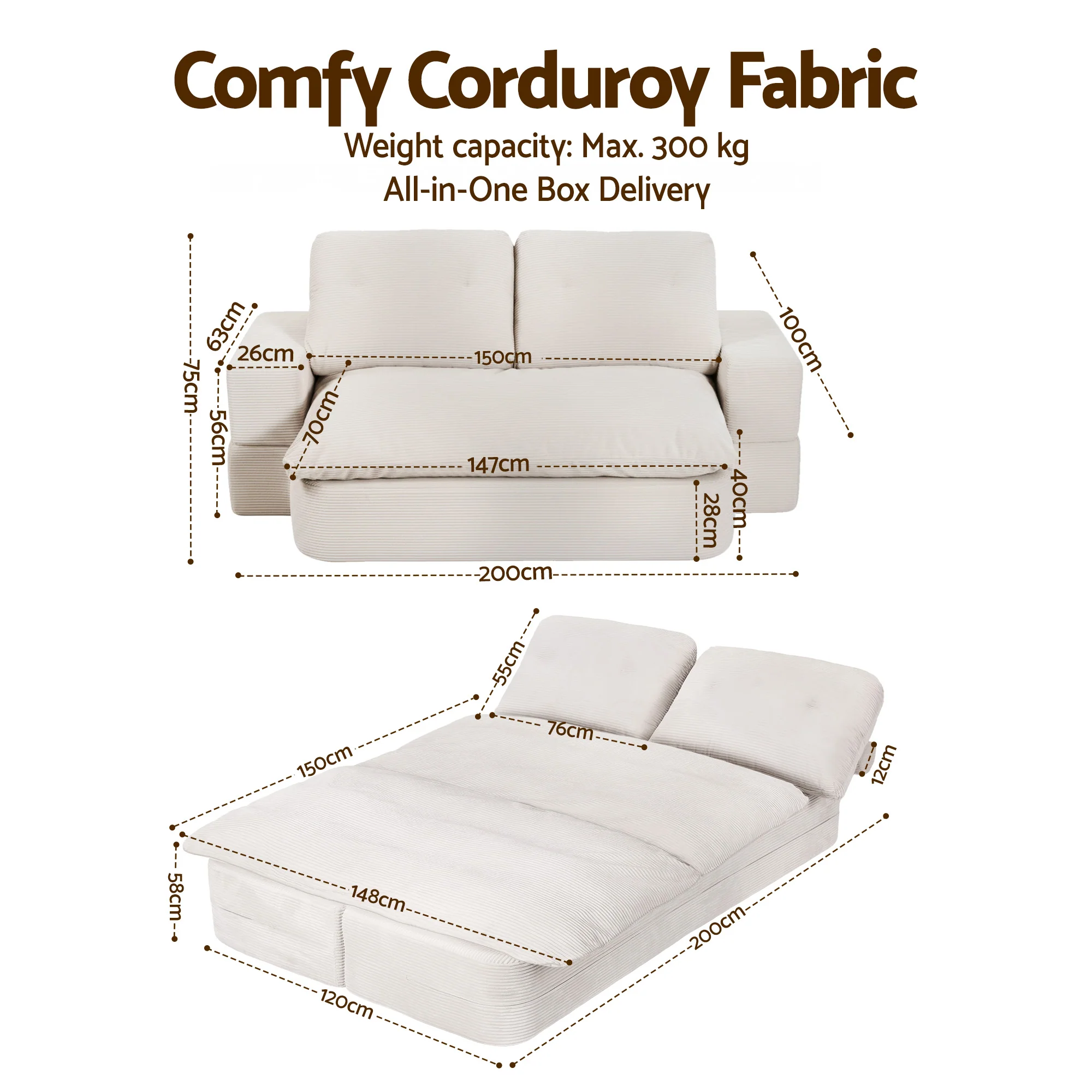 Artiss Convertible Folding Sofa Bed 30D High-Density Foam Boneless Couch with Corduroy Sleeper Couch Lounger for Living Room Beign - Image 3
