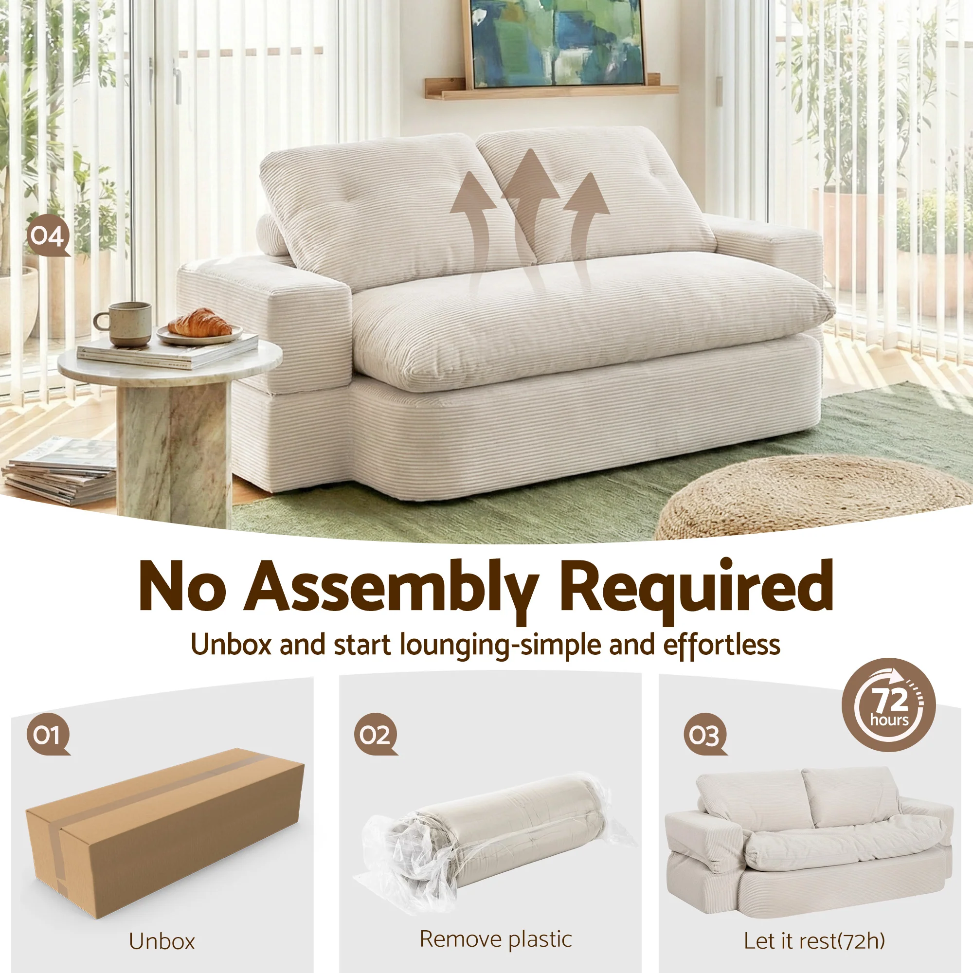 Artiss Convertible Folding Sofa Bed 30D High-Density Foam Boneless Couch with Corduroy Sleeper Couch Lounger for Living Room Beign - Image 5