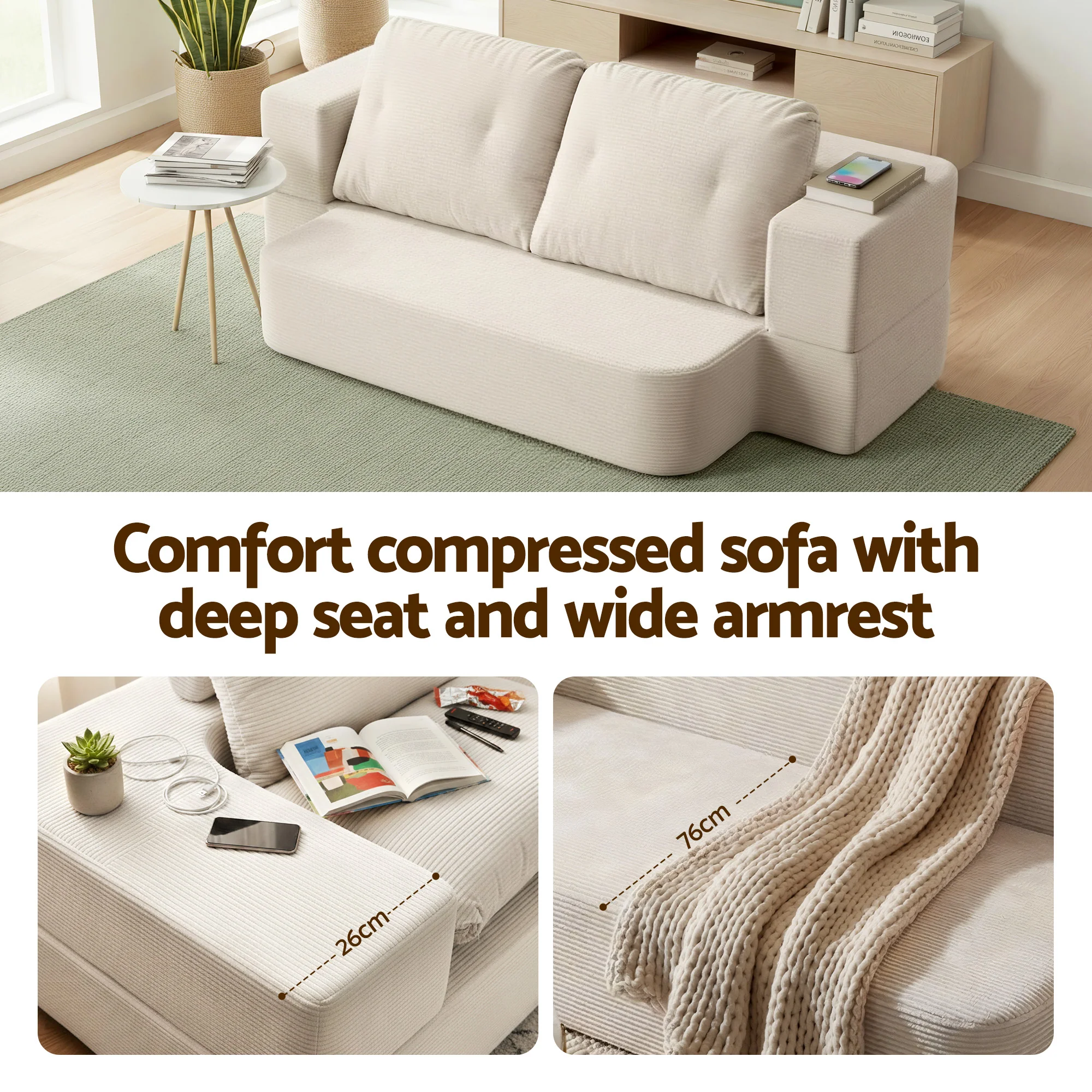 Artiss Convertible Folding Sofa Bed 30D High-Density Foam Boneless Couch with Corduroy Sleeper Couch Lounger for Living Room Beign - Image 6