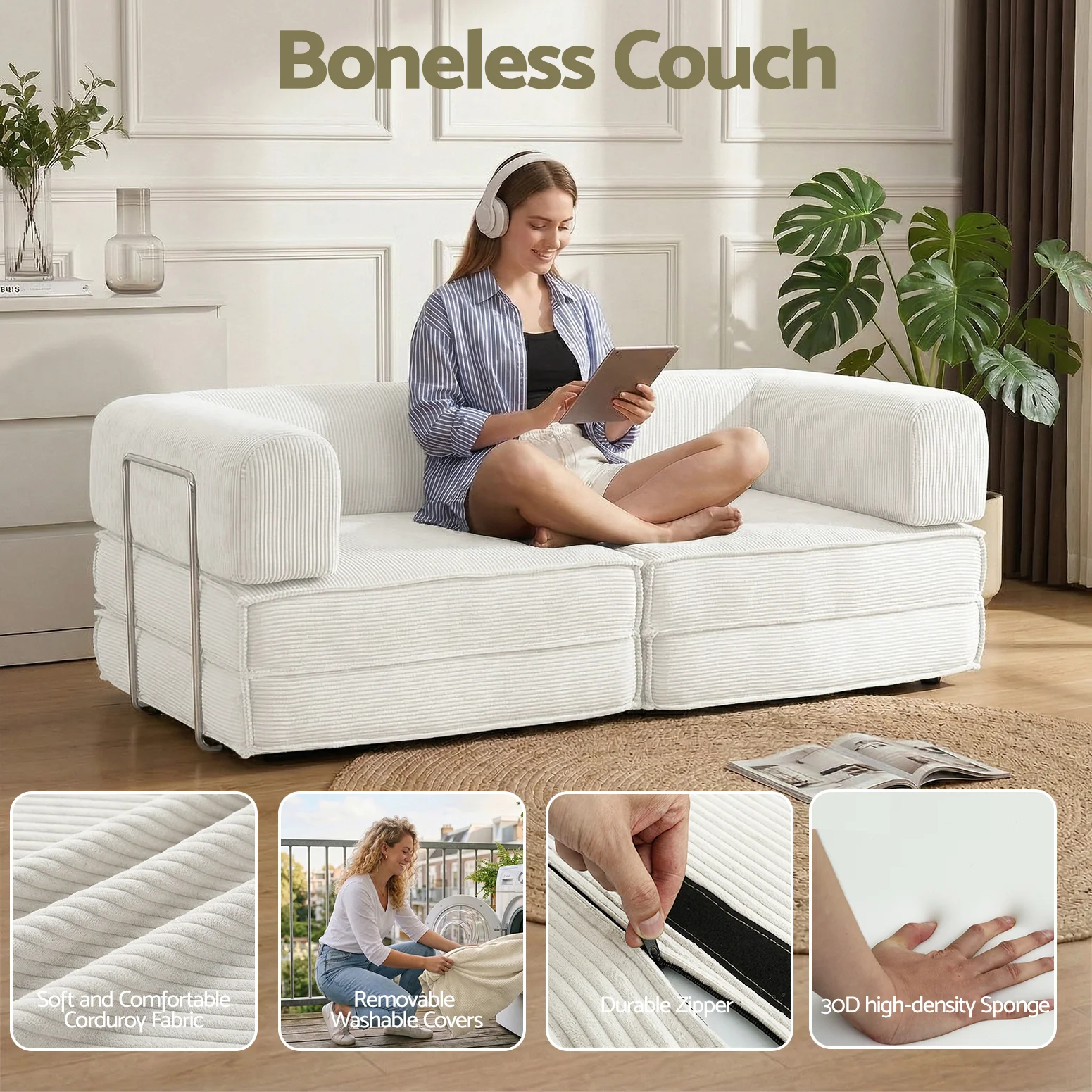 Artiss Convertible Folding Sofa Bed Beign - Image 6