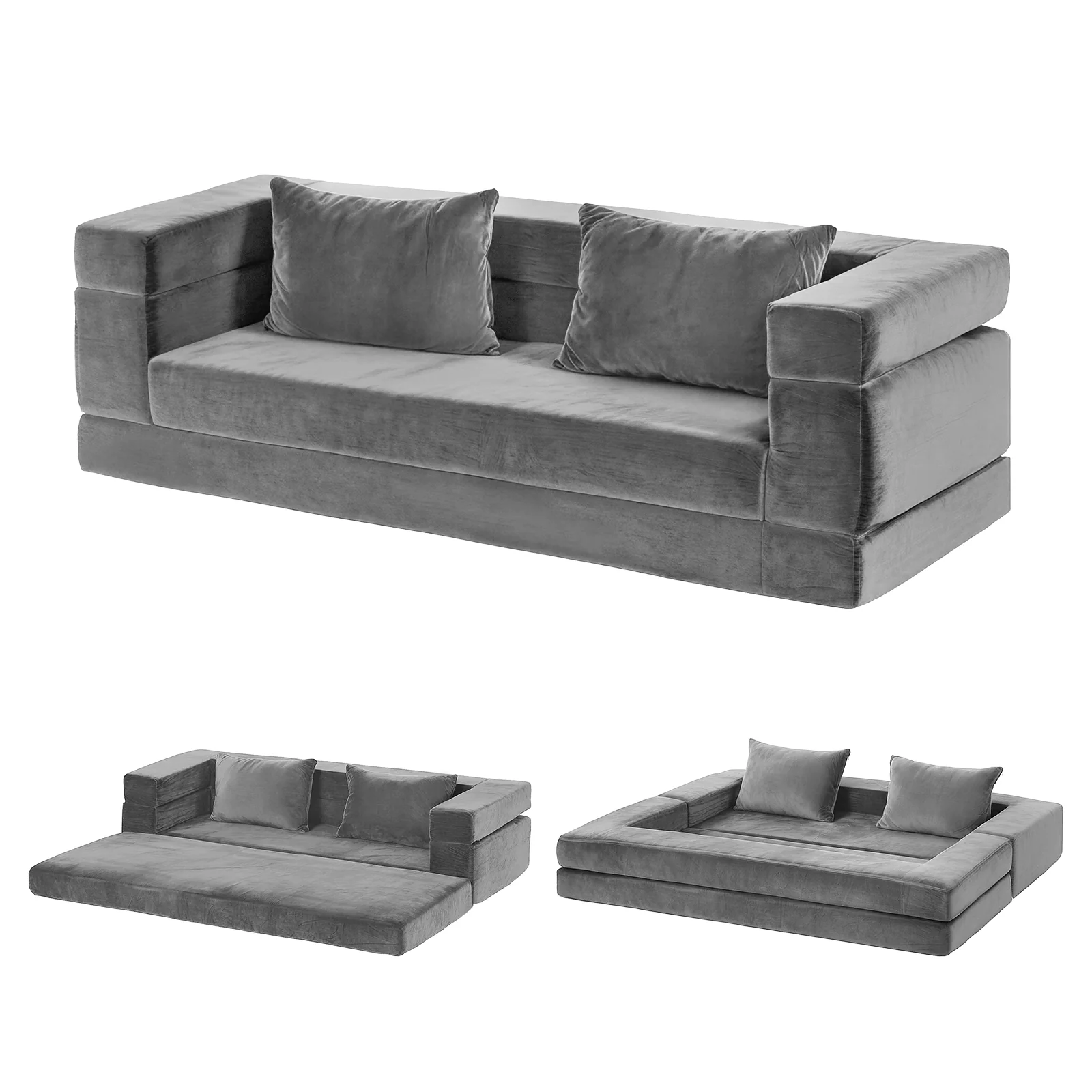Artiss Convertible Folding Sofa Bed Pull Out Mattress Foldable Lounge Couch Grey - Image 2