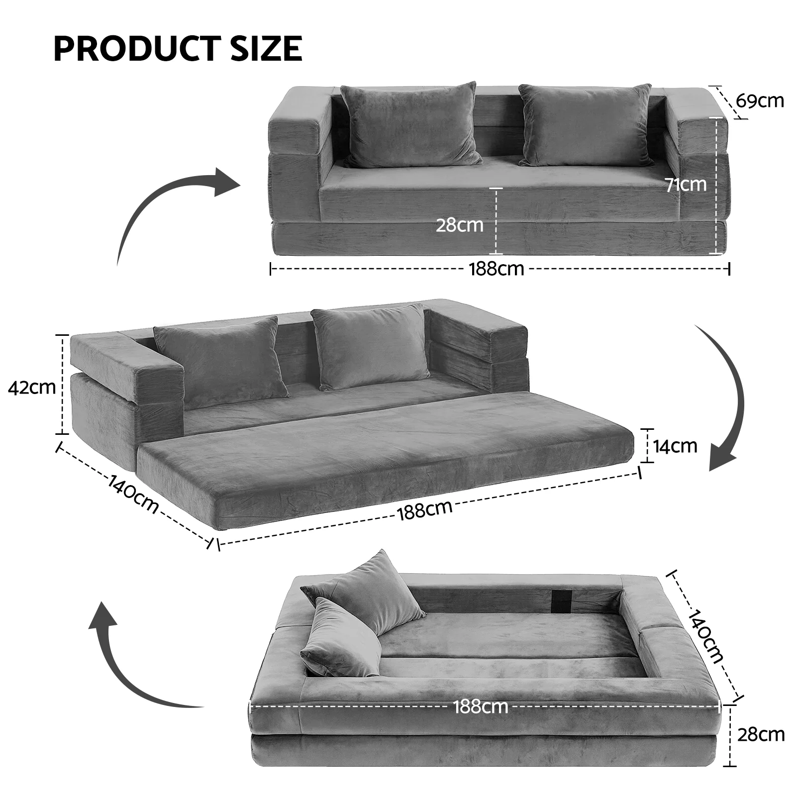 Artiss Convertible Folding Sofa Bed Pull Out Mattress Foldable Lounge Couch Grey - Image 3