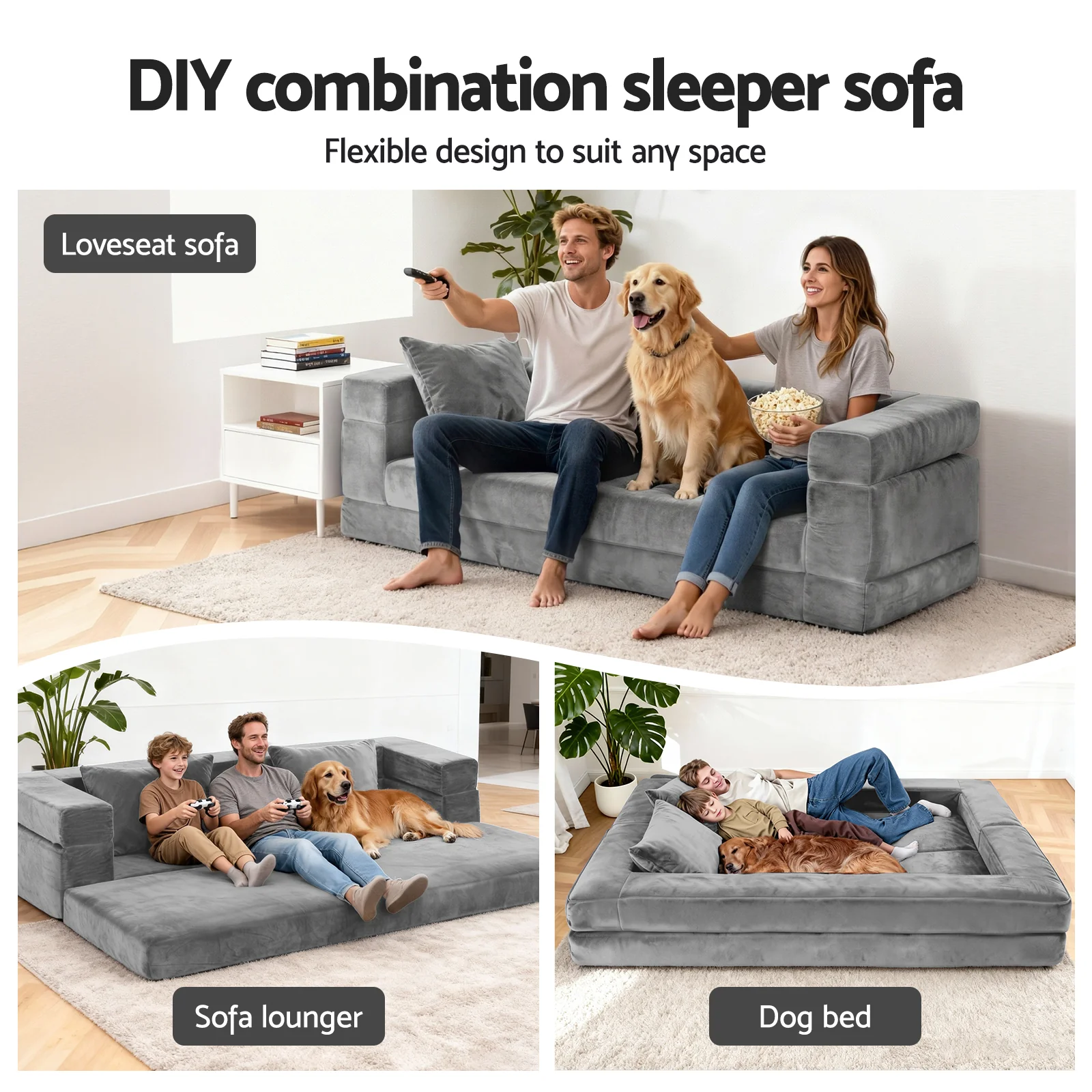 Artiss Convertible Folding Sofa Bed Pull Out Mattress Foldable Lounge Couch Grey - Image 5
