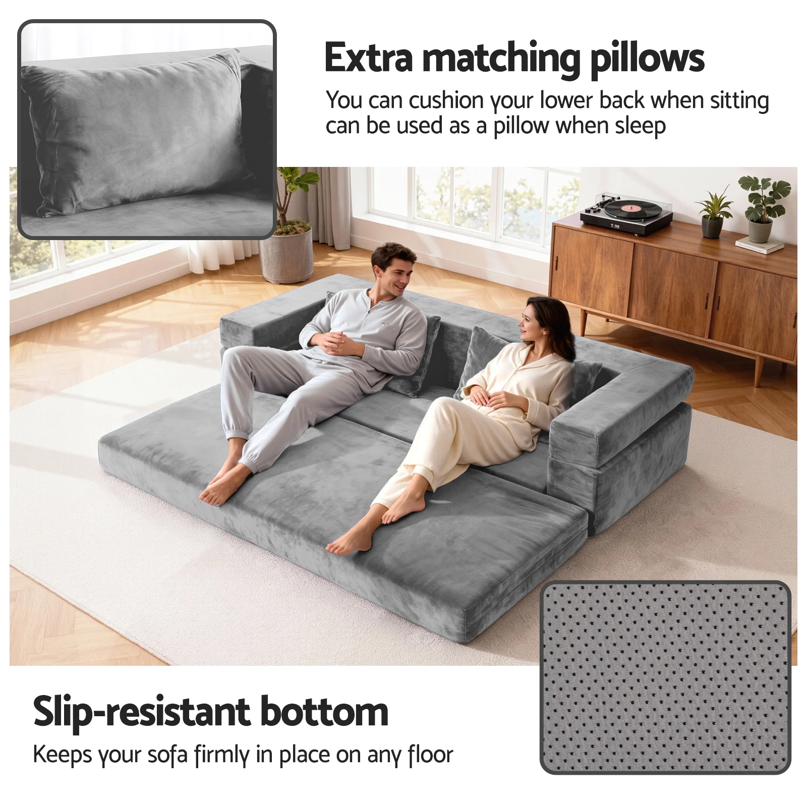Artiss Convertible Folding Sofa Bed Pull Out Mattress Foldable Lounge Couch Grey - Image 7