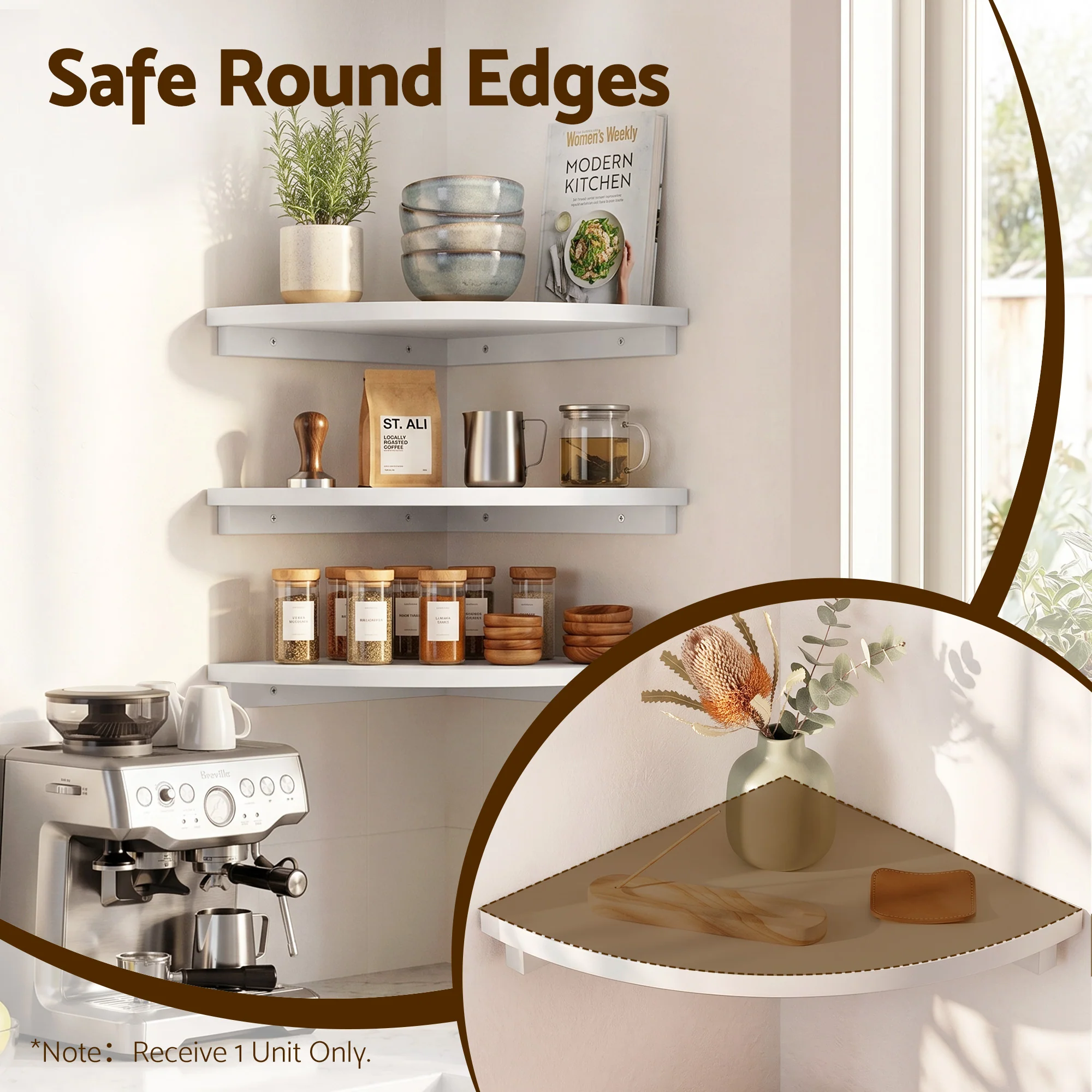 Artiss Corner Floating Wall Shelf Wall Mounted Display Rack Round Edge White 1pc - Image 5