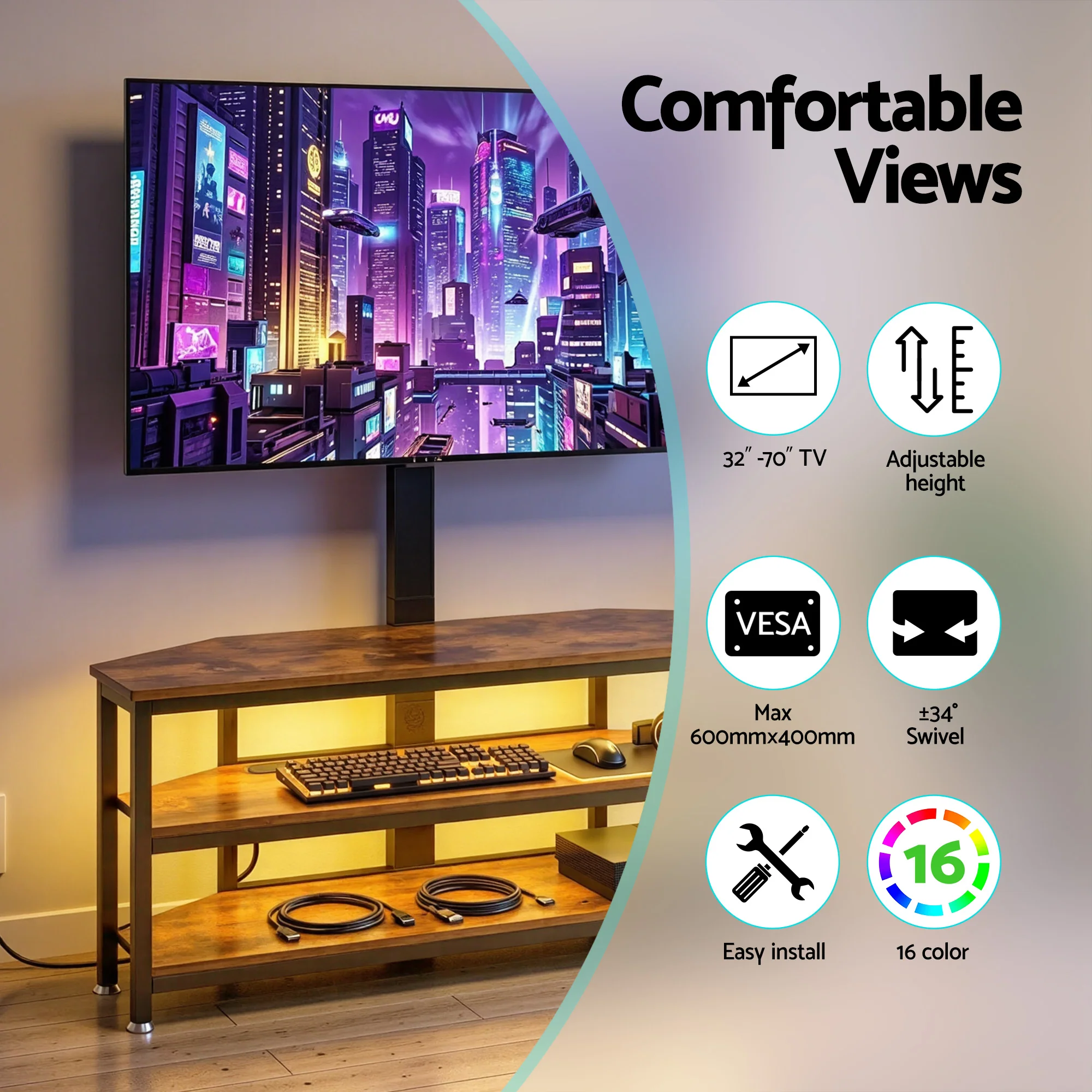 Artiss Corner TV Stand 32-70 w/ Mount LED Lights & Power Outlet Space Saving - Image 5