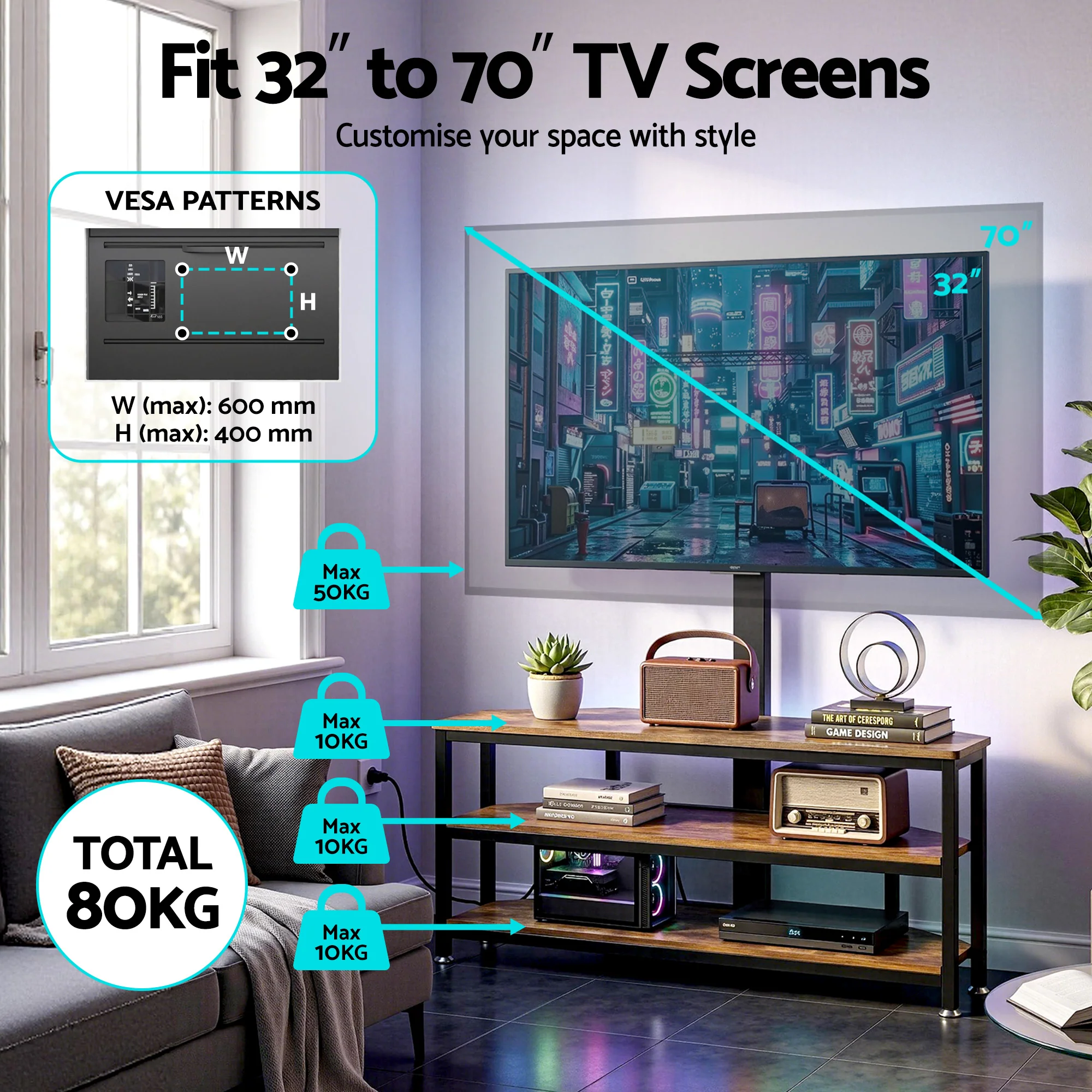 Artiss Corner TV Stand 32-70 w/ Mount LED Lights & Power Outlet Space Saving - Image 6