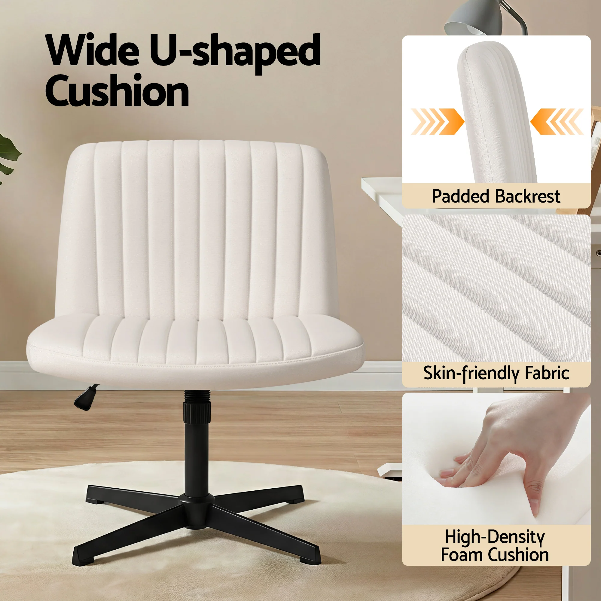 Artiss Criss Cross Chair No Wheels Fabric Wide Cross Legged Office Desk Vanity Chair Armless, Height Adjustable, Swivel Home Office Chair for Home Computer Task, Beige - Image 4