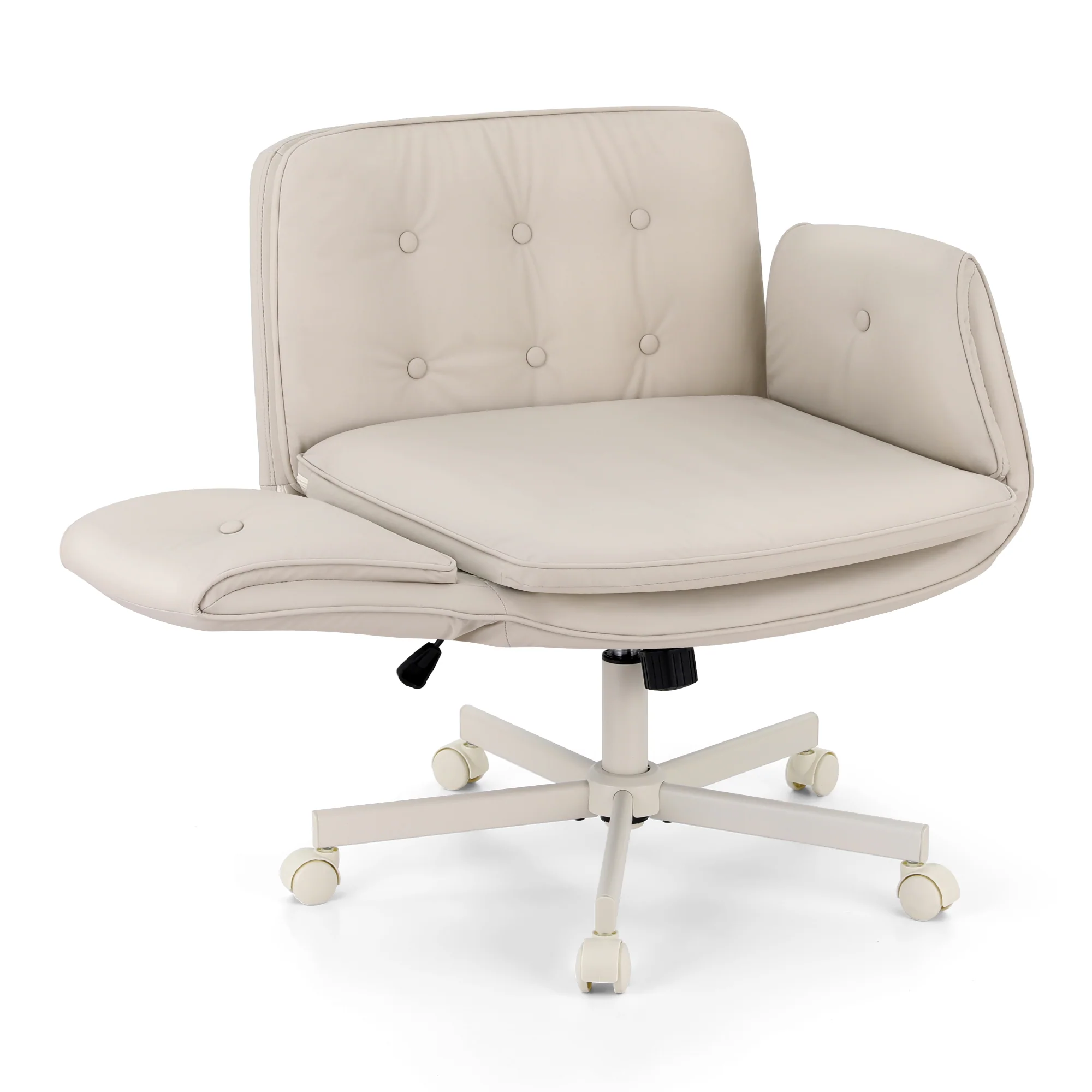 Artiss Criss Cross Chair with Wheels & Adjustable Armrests, Ergonomic Cross Legged Office Desk Chair PU Leather Vanity Chair Swivel for Home, Make Up, Bedroom, Computer, Beige - Image 2