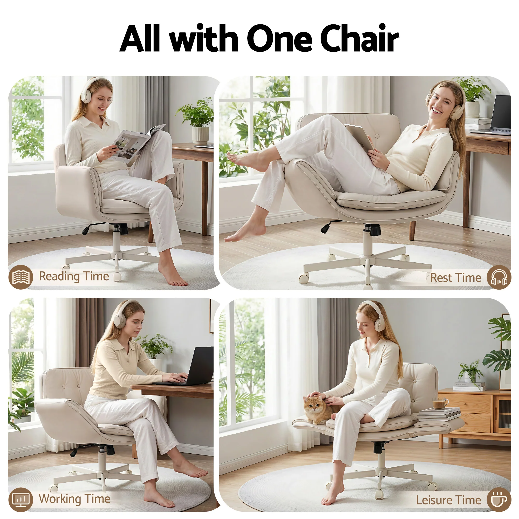 Artiss Criss Cross Chair with Wheels & Adjustable Armrests, Ergonomic Cross Legged Office Desk Chair PU Leather Vanity Chair Swivel for Home, Make Up, Bedroom, Computer, Beige - Image 5