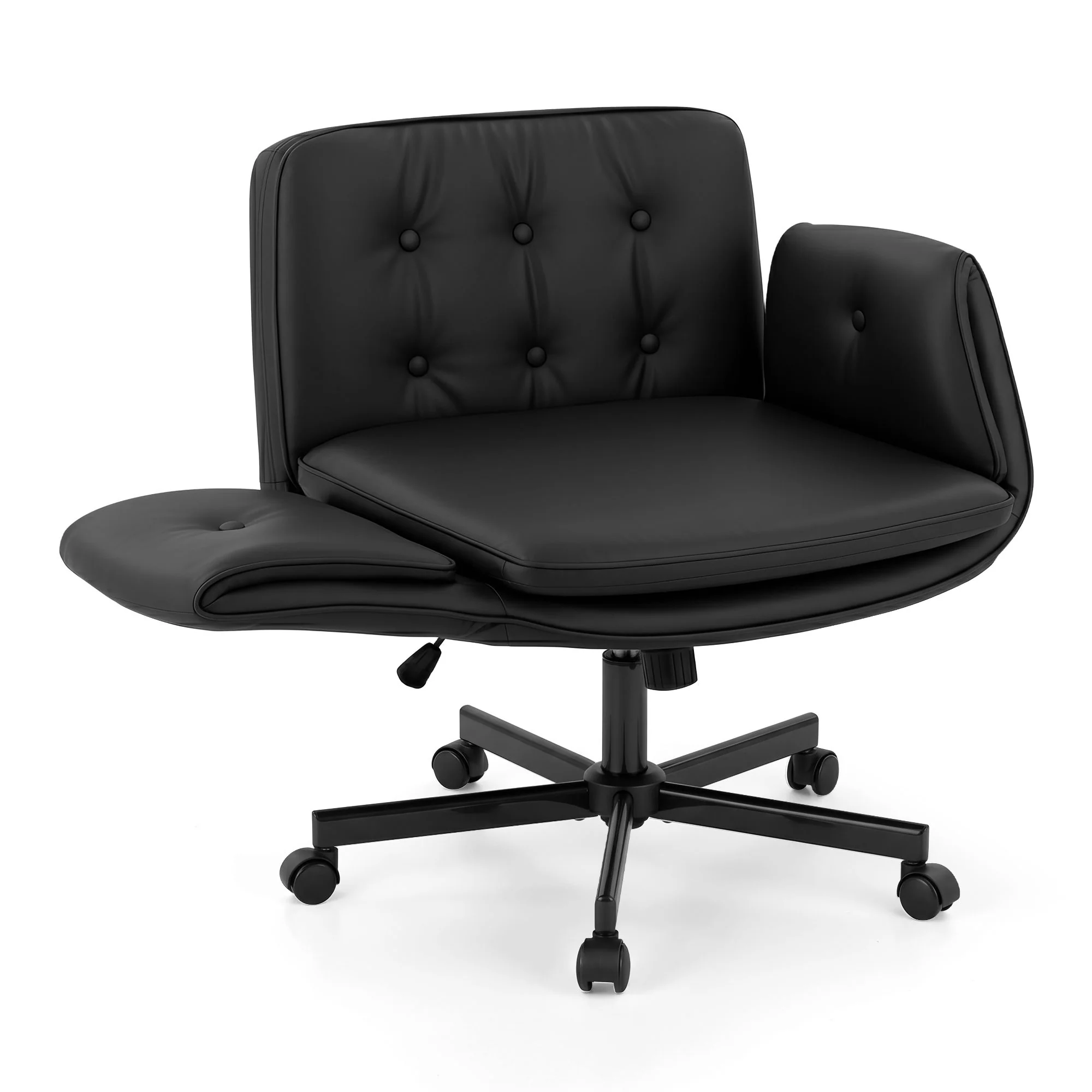 Artiss Criss Cross Chair with Wheels & Adjustable Armrests, Ergonomic Cross Legged Office Desk Chair PU Leather Vanity Chair Swivel for Home, Make Up, Bedroom, Computer, Black - Image 2