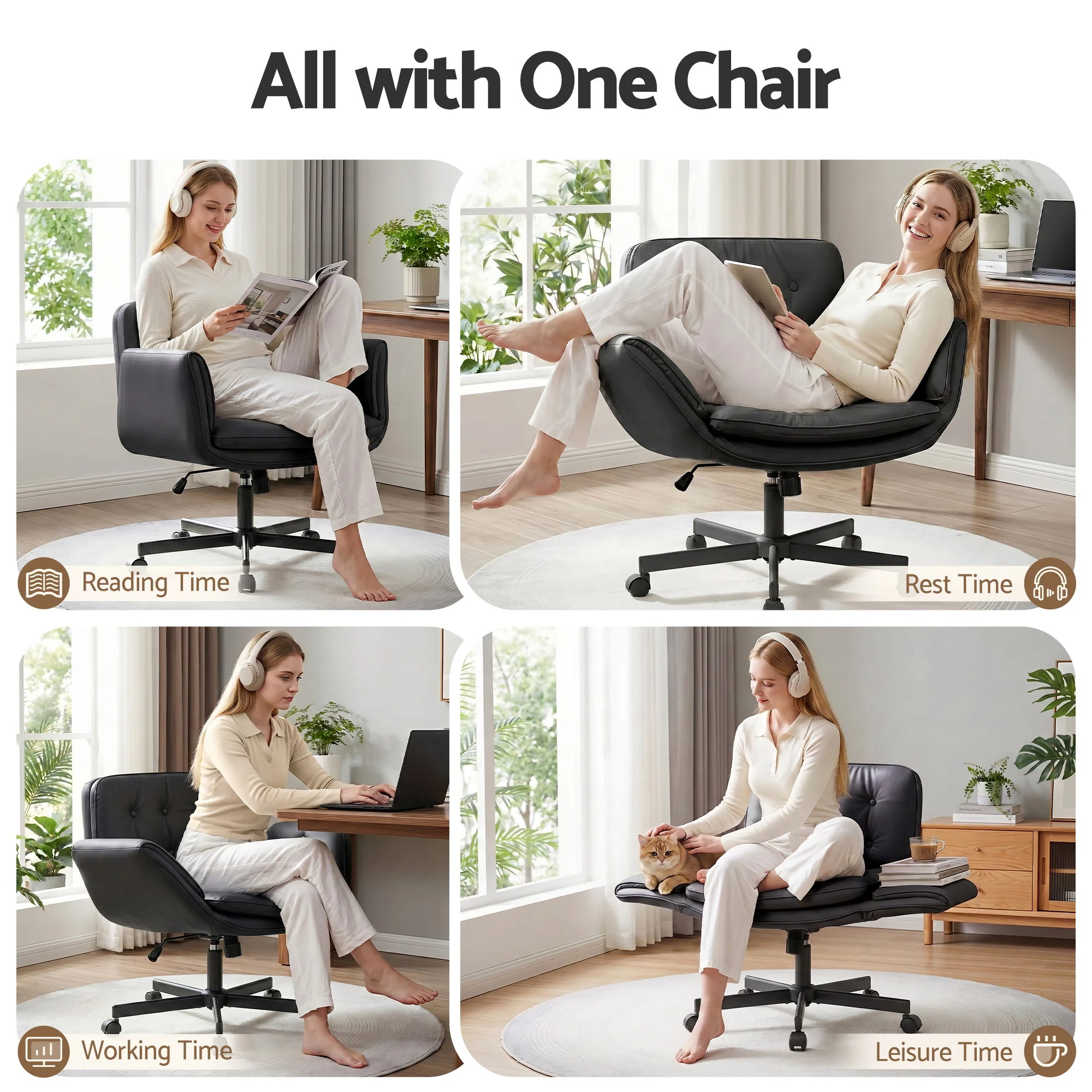 Artiss Criss Cross Chair with Wheels & Adjustable Armrests, Ergonomic Cross Legged Office Desk Chair PU Leather Vanity Chair Swivel for Home, Make Up, Bedroom, Computer, Black - Image 5