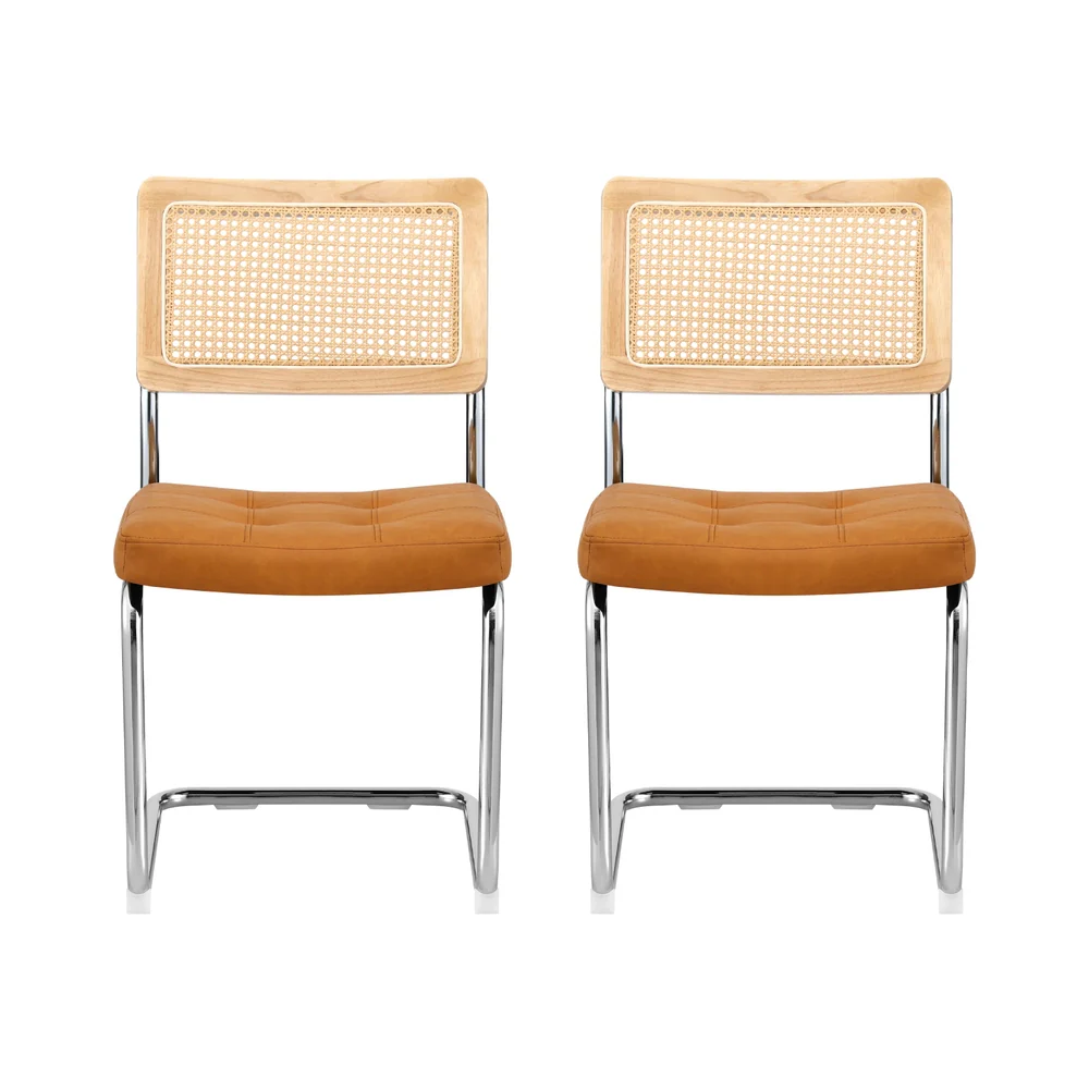 Artiss Dining Chairs Set of 2 PU Leather Rattan Cantilever Brown - Image 3