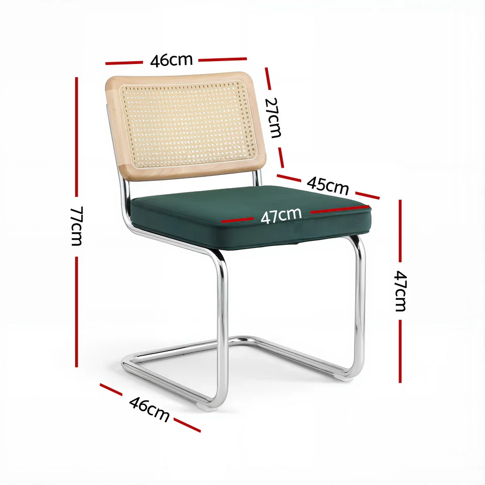 Artiss Dining Chairs Set of 2 Velvet Rattan Cantilever Green - Image 2