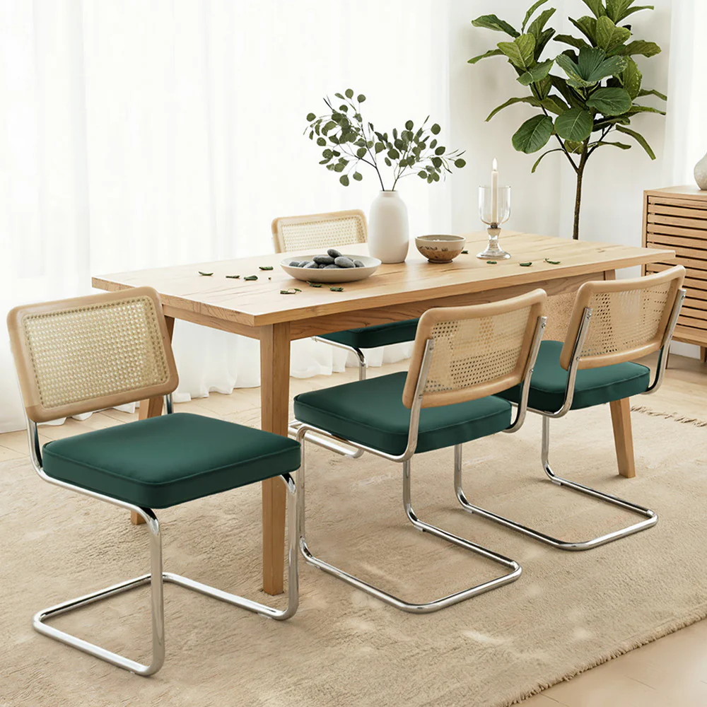 Artiss Dining Chairs Set of 4 Velvet Rattan Cantilever Green - Image 7
