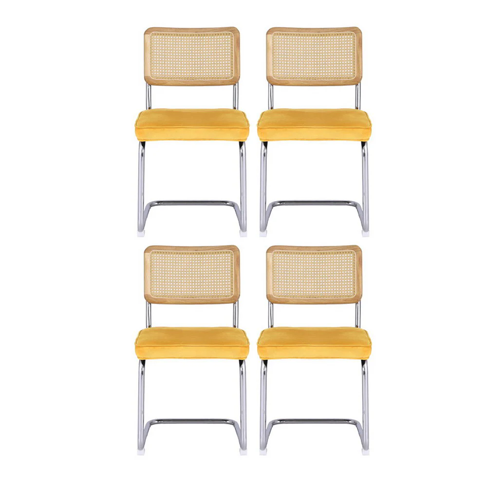 Artiss Dining Chairs Set of 4 Velvet Rattan Cantilever Yellow - Image 3