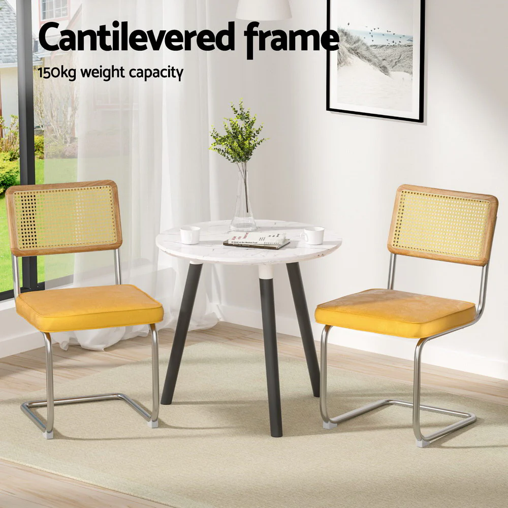 Artiss Dining Chairs Set of 4 Velvet Rattan Cantilever Yellow - Image 4
