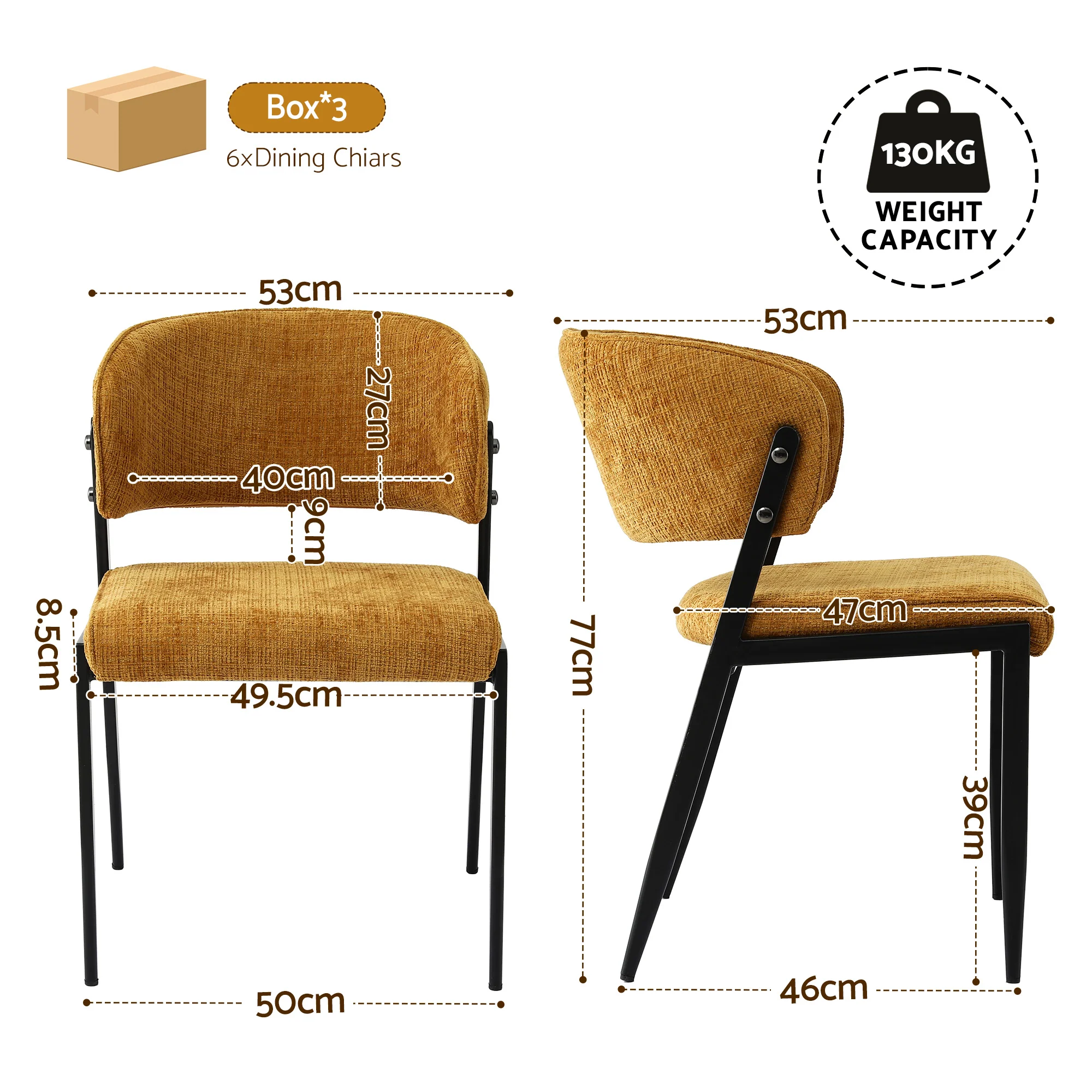 Artiss Dining Chairs Set of 6 Linen Fabric Soft Upholstered Chairs Mustard - Image 3