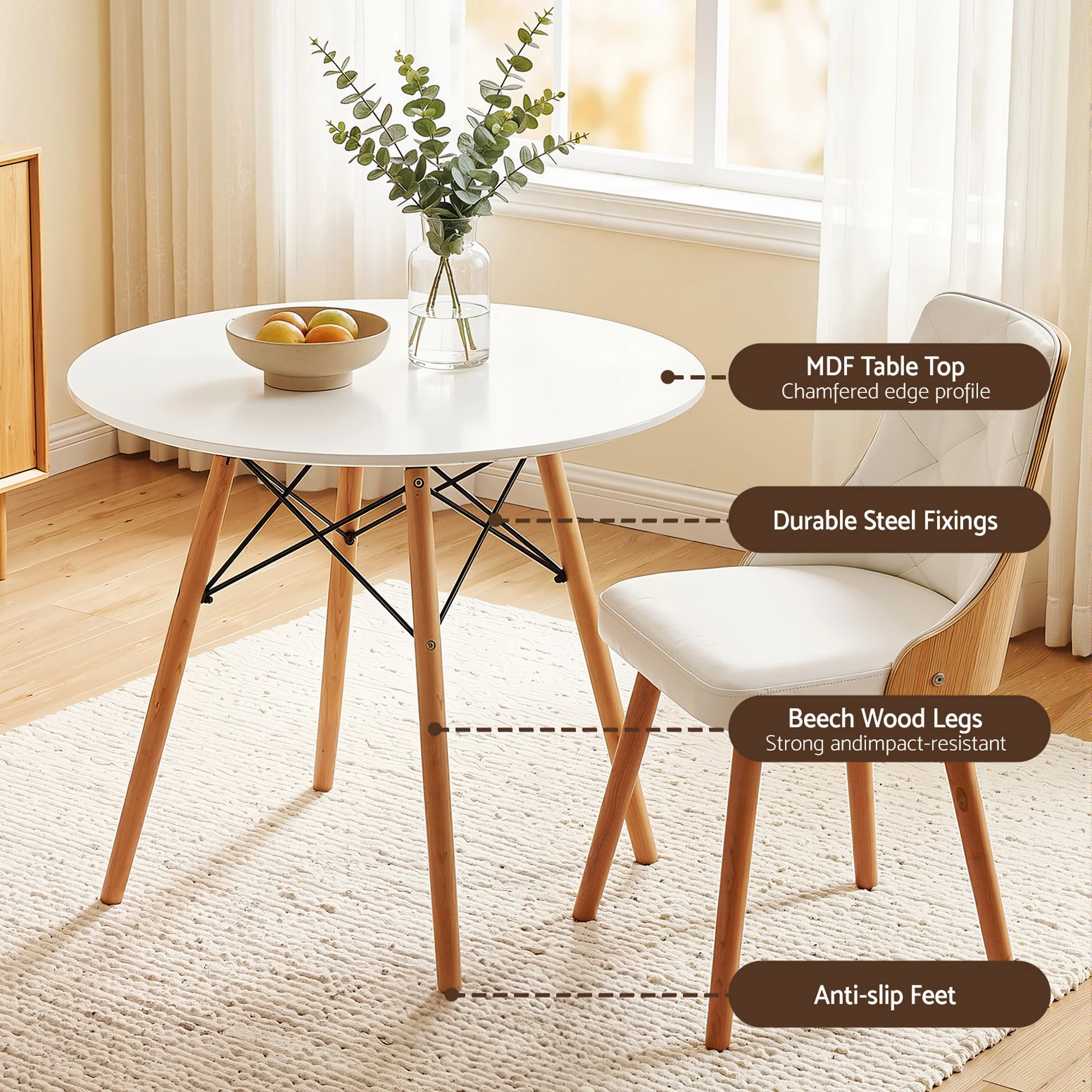 Artiss Dining Table and Chairs Set 3PCS 90cm 2 Seater Round Dining Set for Kitchen, Apartment, Dining Room White - Image 6