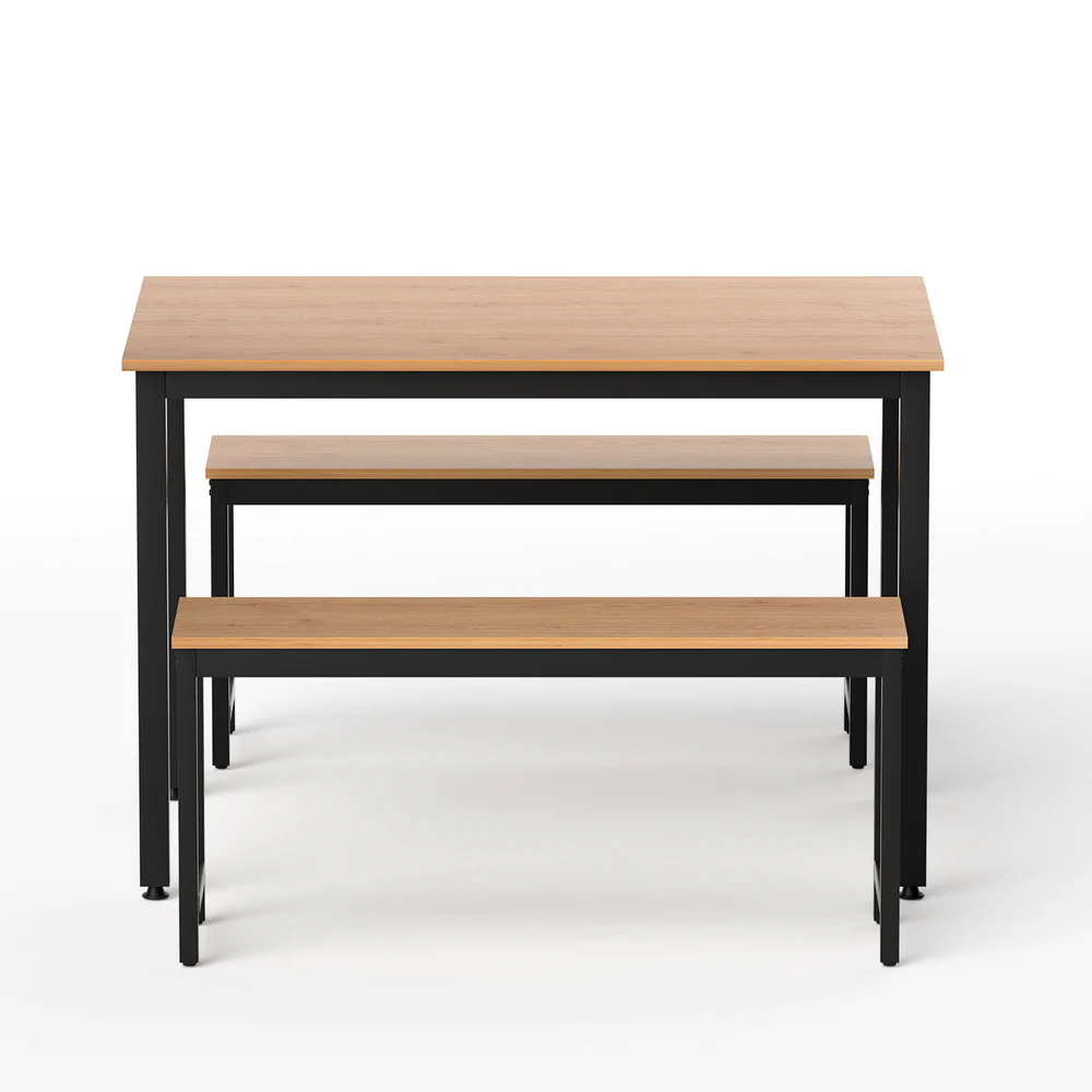 Artiss Dining Table and Chairs Set 3PCS Kitchen Metal Desk Bench Natural Oak - Image 3