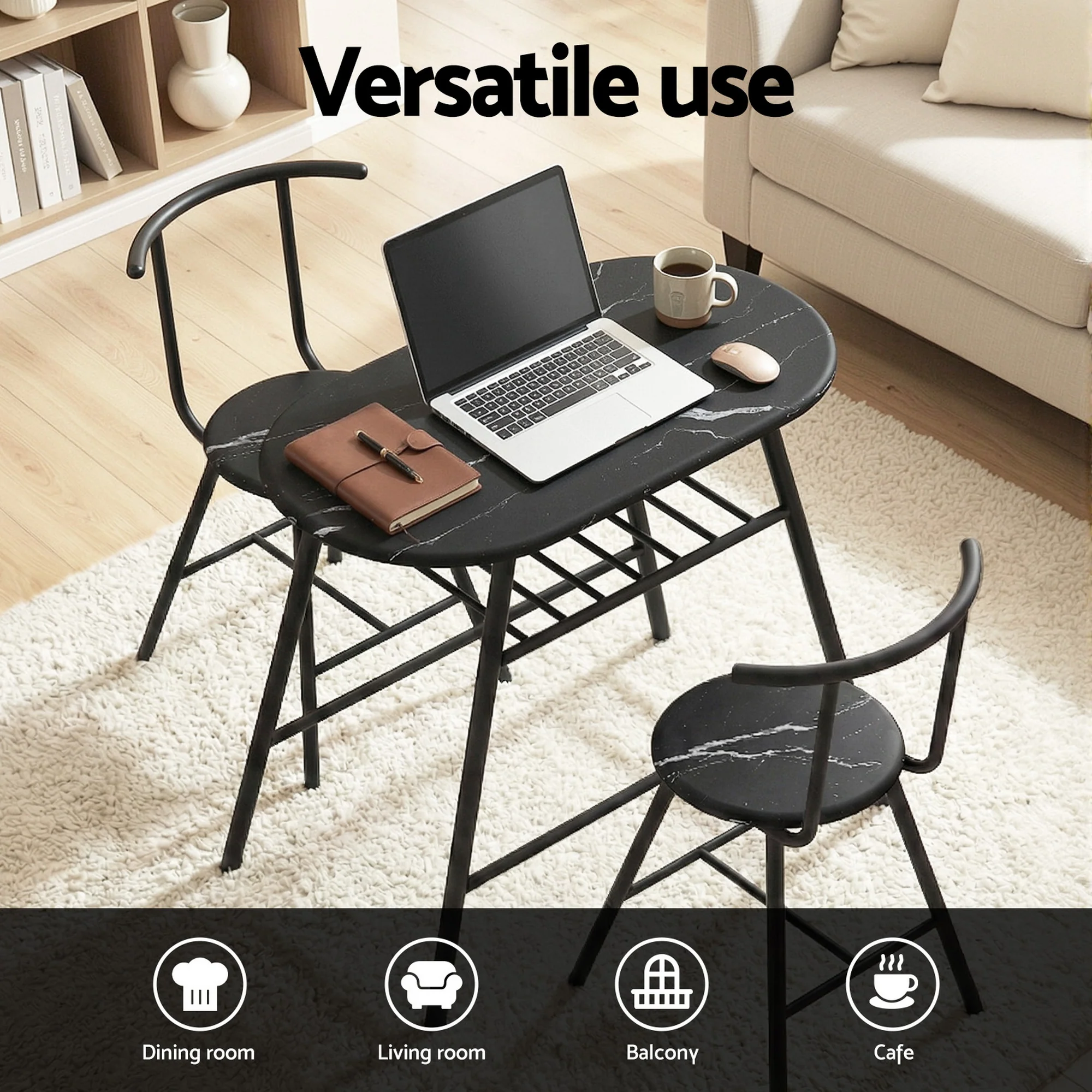 Artiss Dining Table Set 3PC Bistro Kitchen Storage Wine Rack Black Marble Style - Image 4