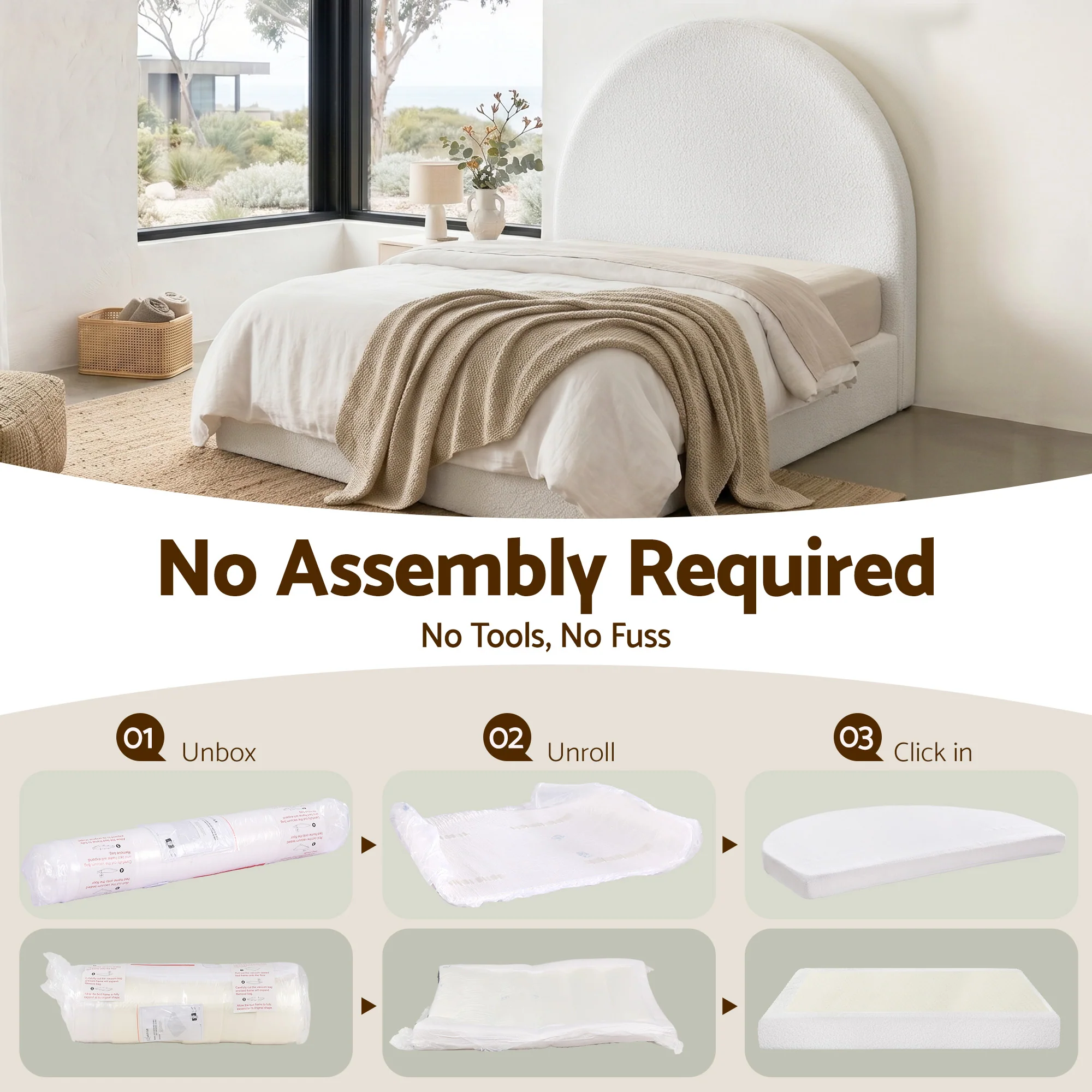 Artiss Double Bed Frame Boucle Fabric Vacuum Compressed Beds Removable Washable Cover No-Assembly - Image 5