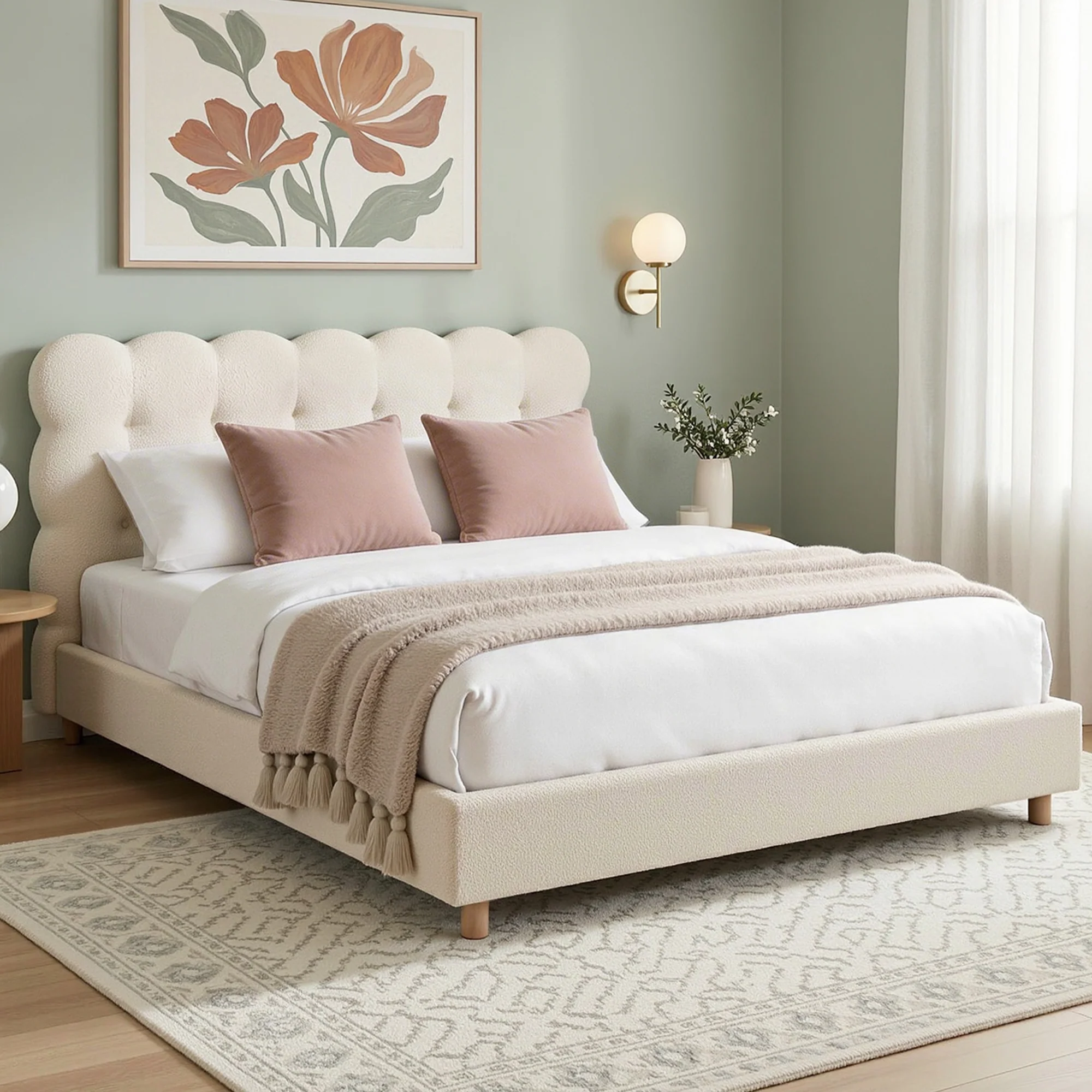 Artiss Double Bed Frame Cloud Headboard Boucle Fabric Mattress Platform Base White