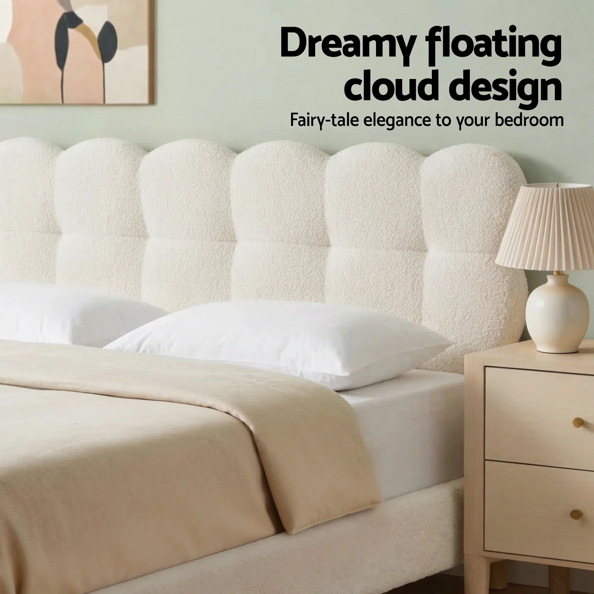 Artiss Double Bed Frame Cloud Headboard Boucle Fabric Mattress Platform Base White - Image 6