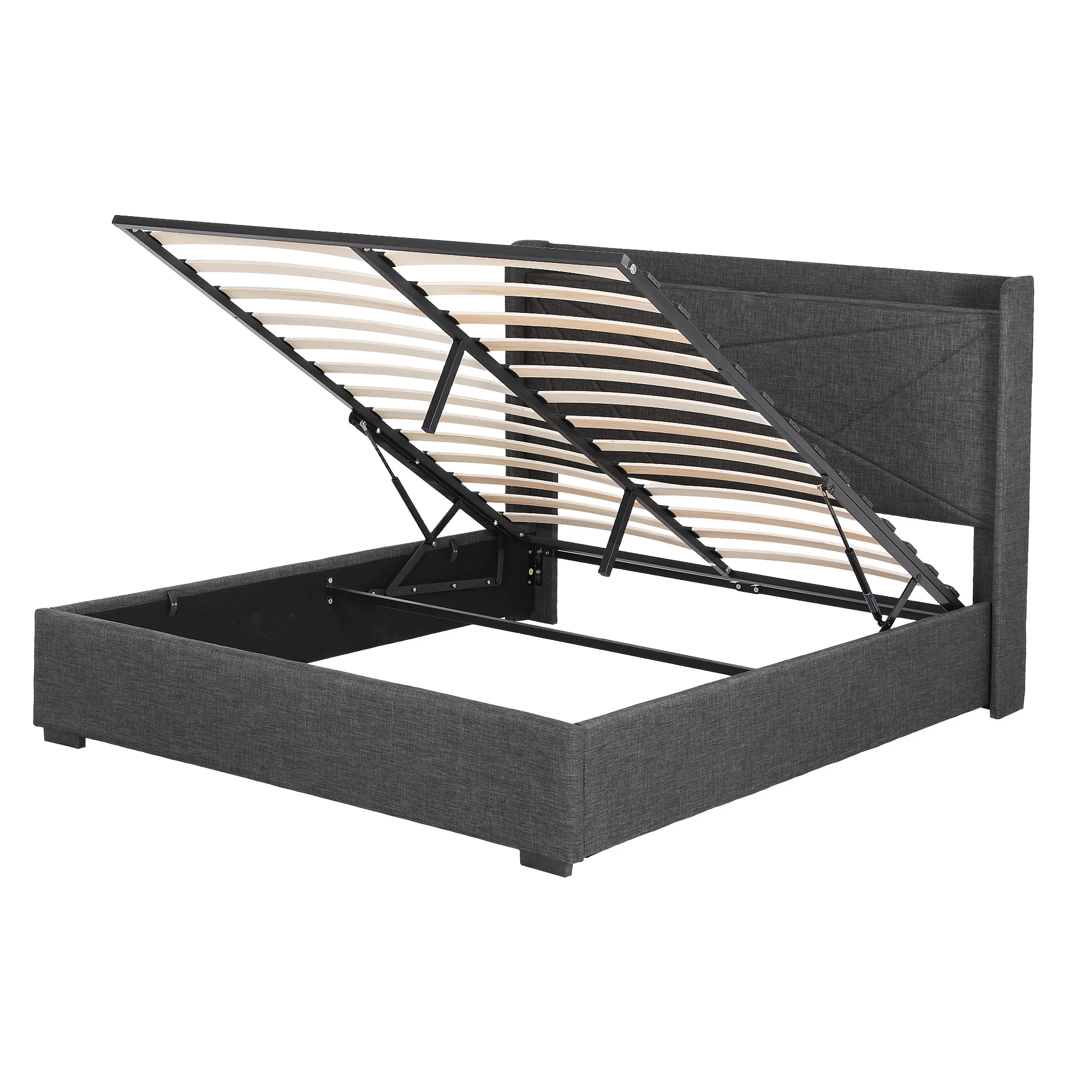 Artiss Double Bed Frame Gas Lift Storage Bed with Charging Ports Upholstered Geometric Headboard Charcoal Grey - Image 5