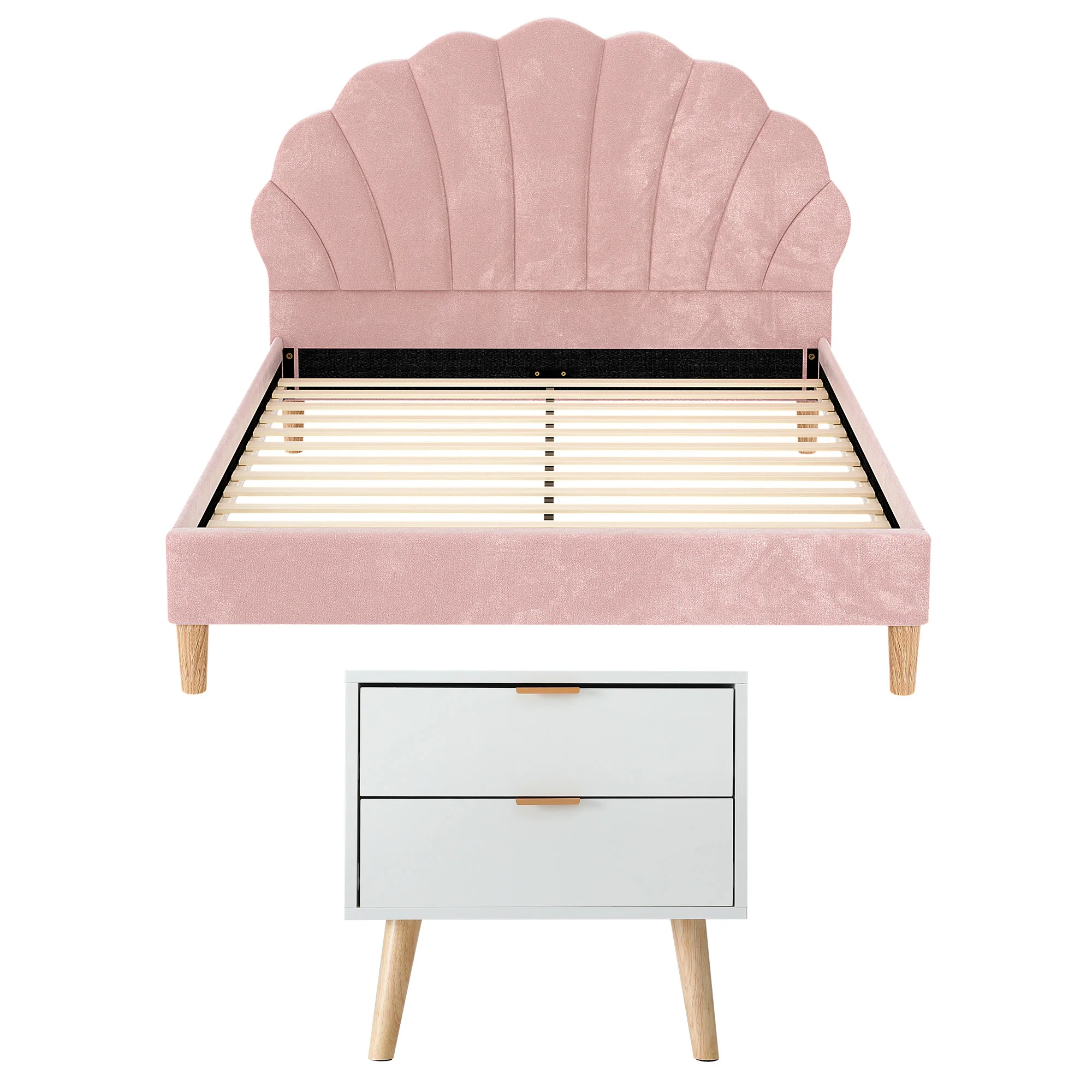 Artiss Double Bed Frame Scallop Headboard Pink Velvet with 2 Drawer Bedside Table - Image 3