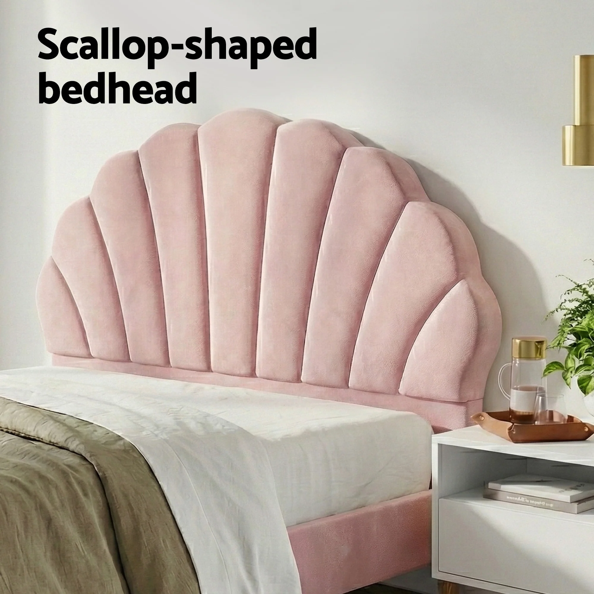 Artiss Double Bed Frame Scallop Headboard Pink Velvet with 2 Drawer Bedside Table - Image 5