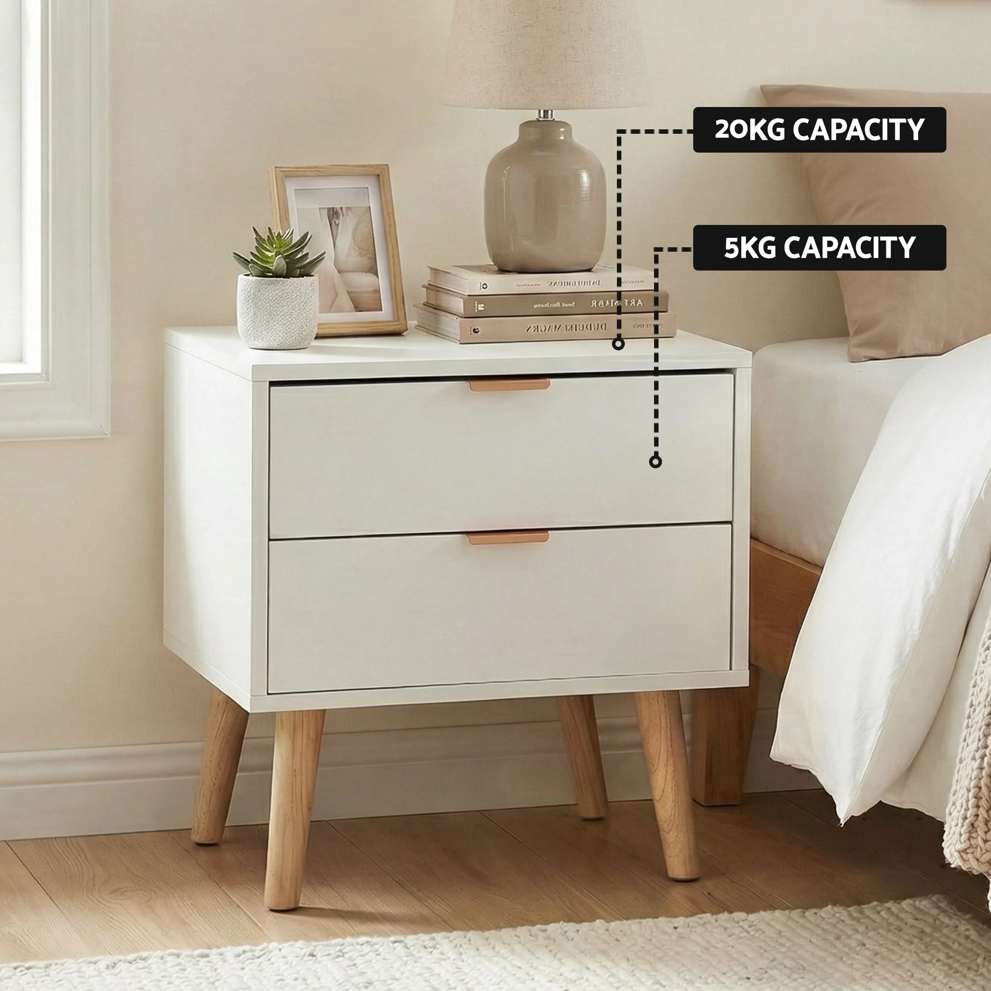 Artiss Double Bed Frame Scallop Headboard Pink Velvet with 2 Drawer Bedside Table - Image 6