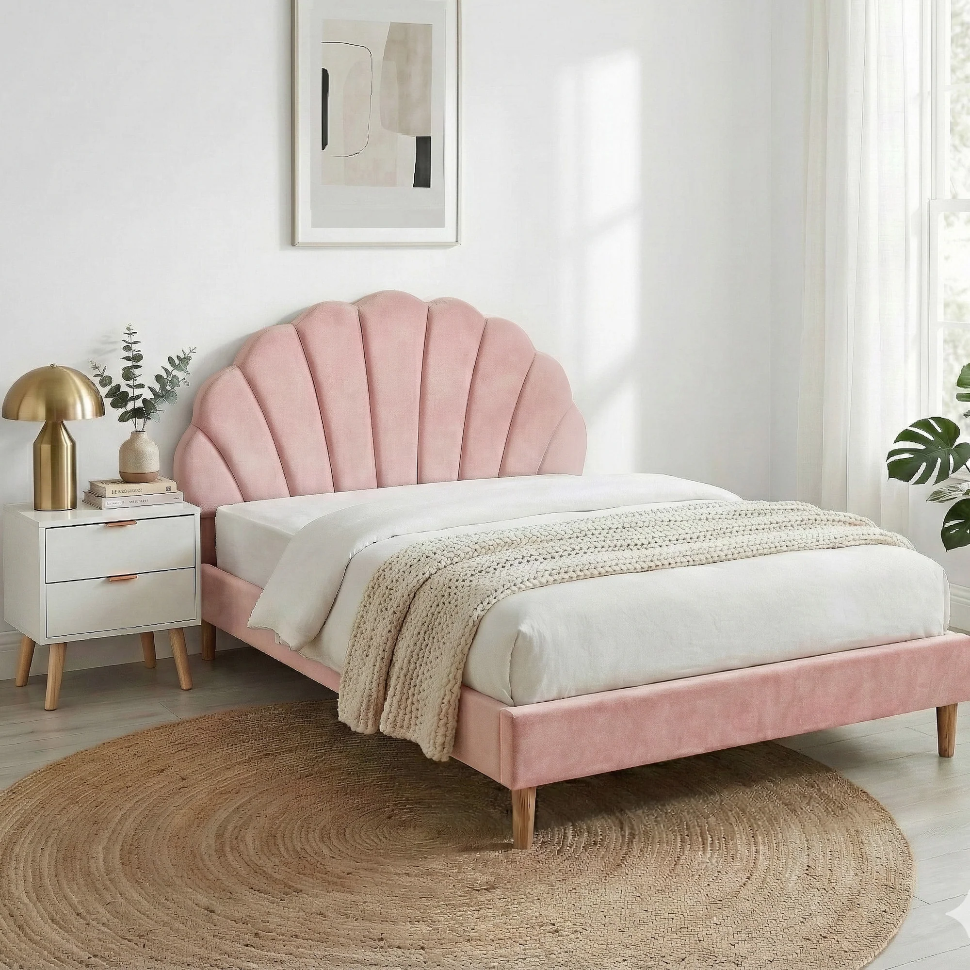 Artiss Double Bed Frame Scallop Headboard Pink Velvet with 2 Drawer Bedside Table - Image 7