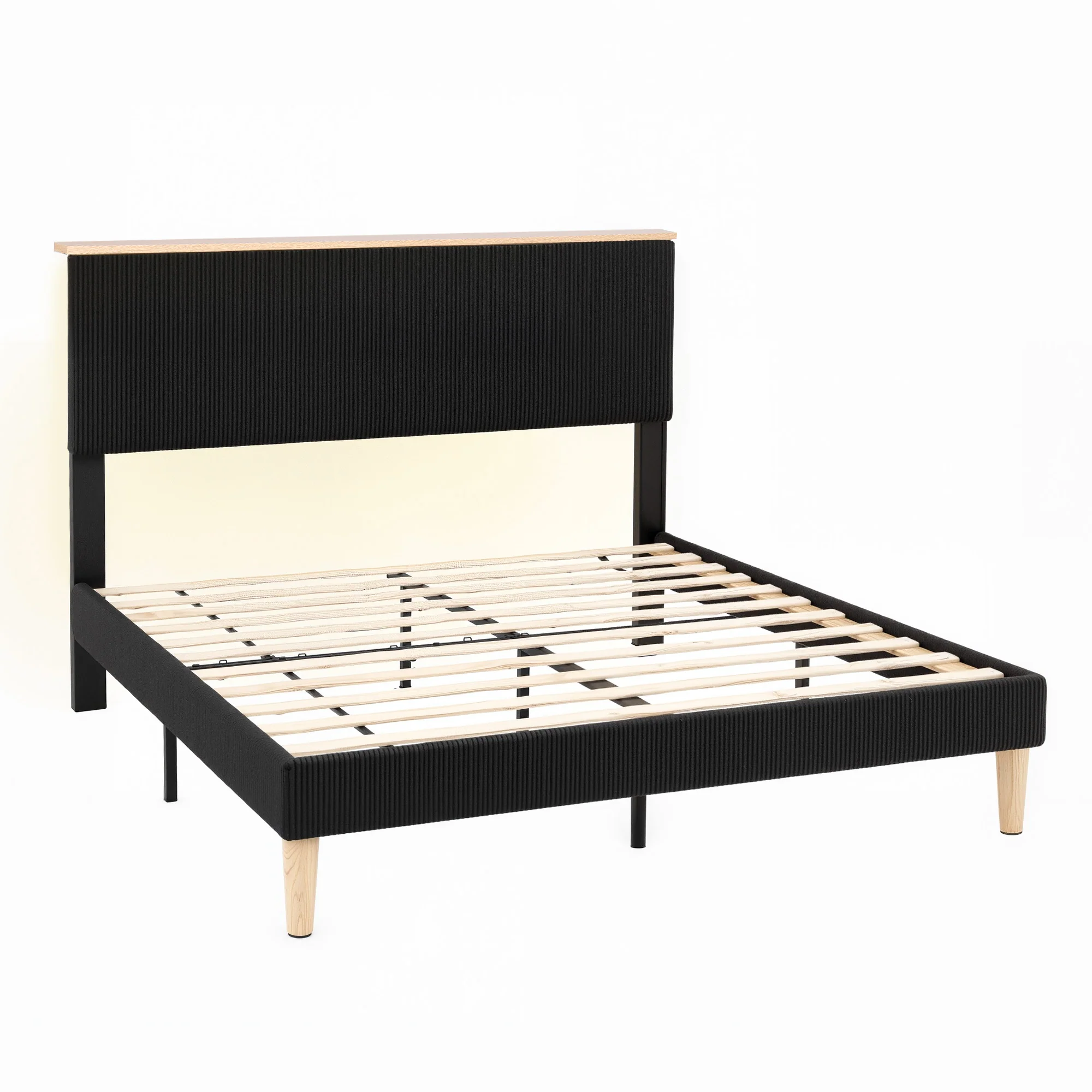 Artiss Double Bed Frame Upholstered Adjustable Headboard Mood Lighting Corduroy Velvet - Image 2