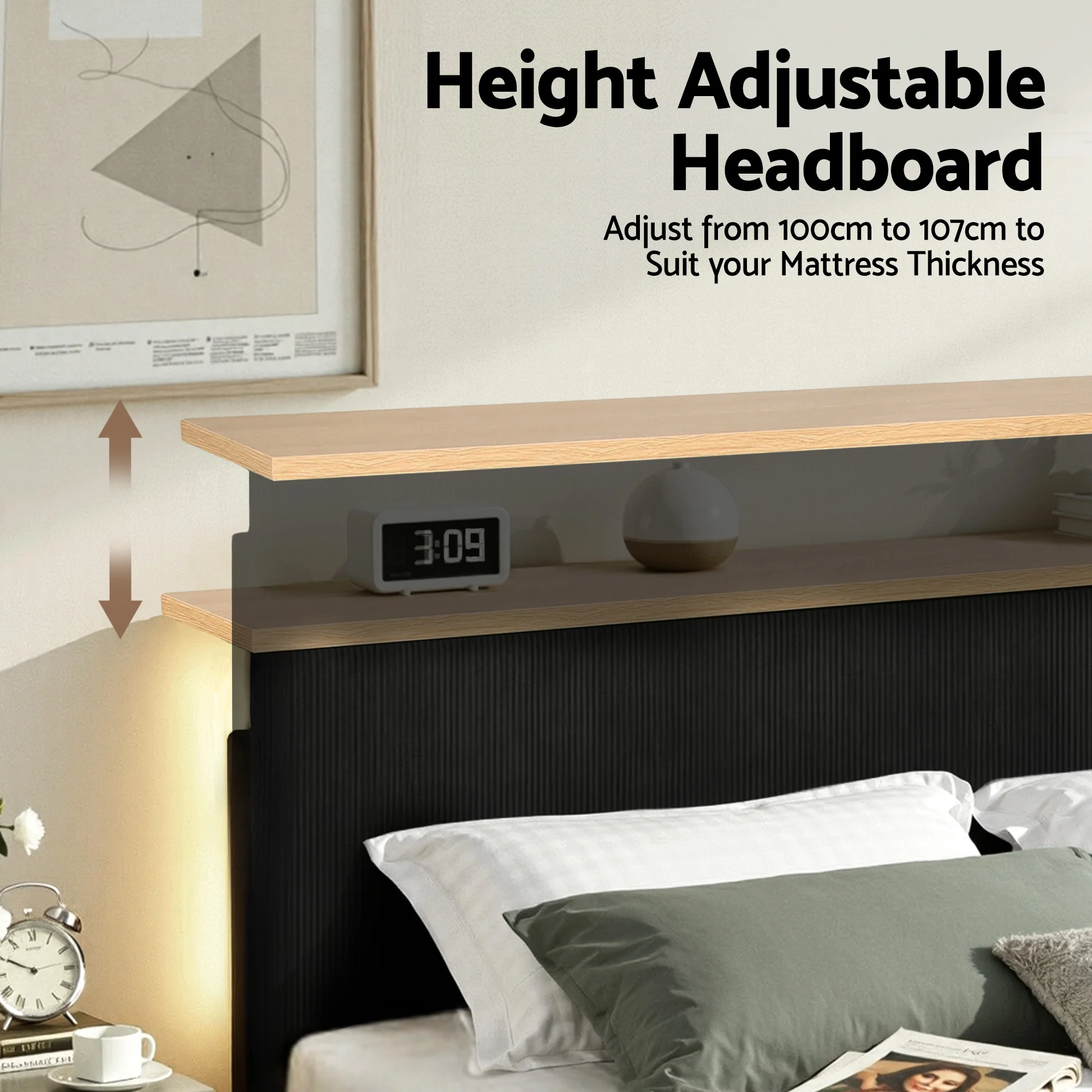 Artiss Double Bed Frame Upholstered Adjustable Headboard Mood Lighting Heavy Duty Black Velvet - Image 5