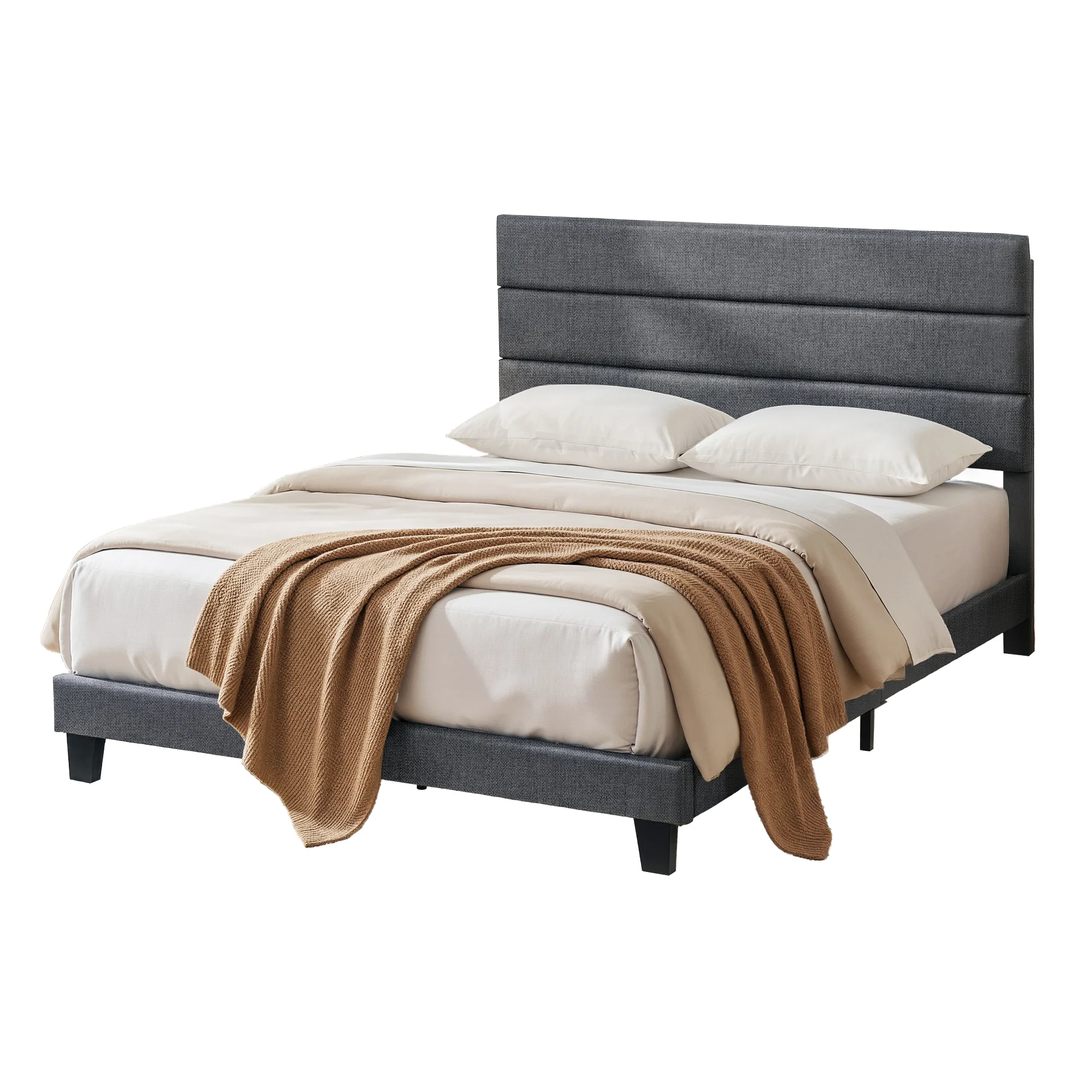 Artiss Double Bed Frame Upholstered Platform Base with Geometric Headboard Charcoal Grey Linen Wood Slats for Modern Bedroom Furniture Home Decor