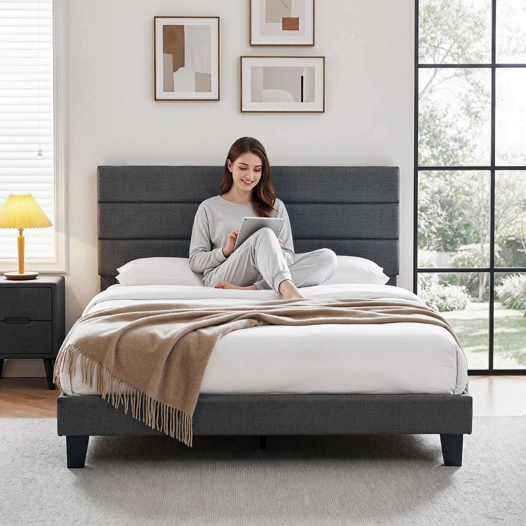 Artiss Double Bed Frame Upholstered Platform Base with Geometric Headboard Charcoal Grey Linen Wood Slats for Modern Bedroom Furniture Home Decor - Image 4