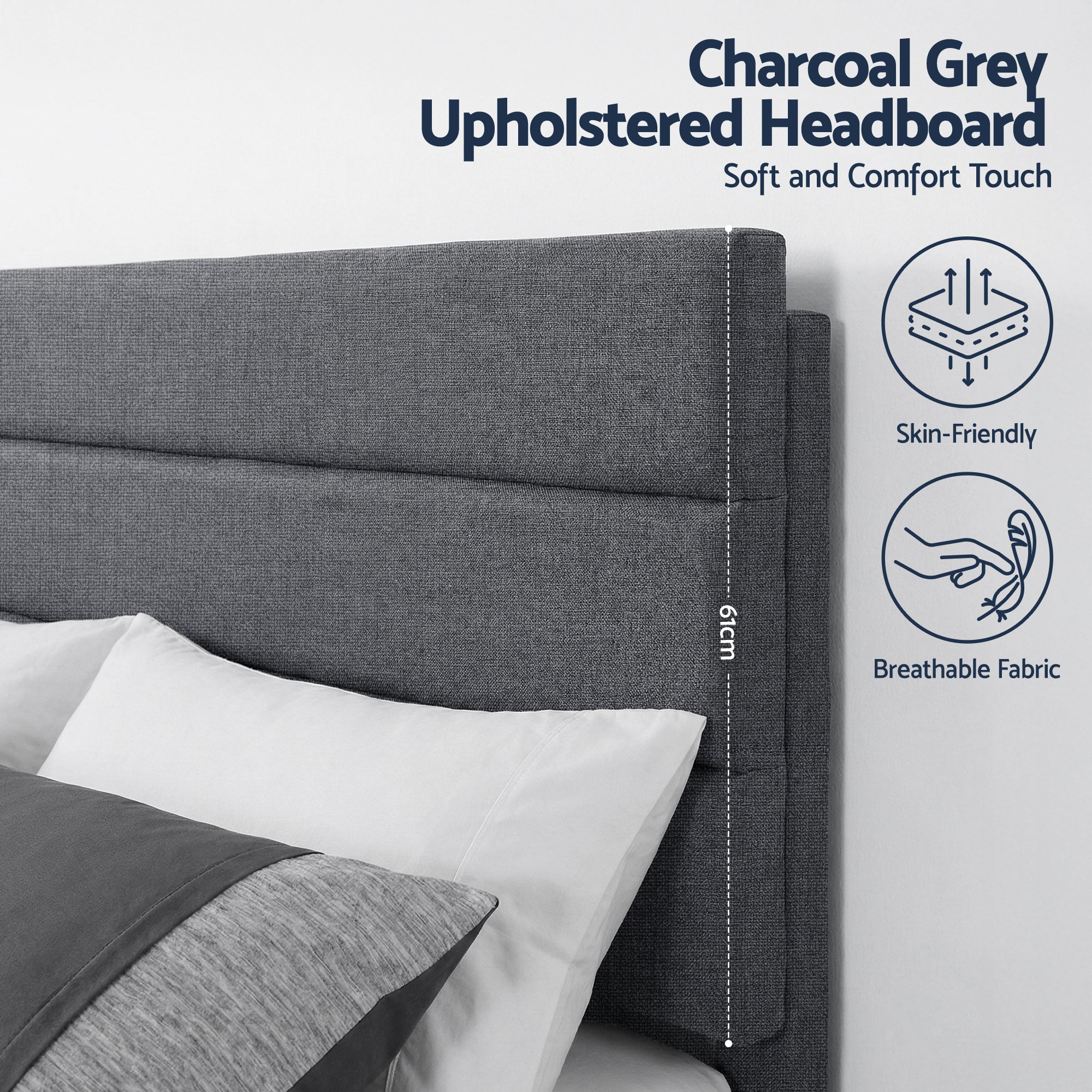 Artiss Double Bed Frame Upholstered Platform Base with Geometric Headboard Charcoal Grey Linen Wood Slats for Modern Bedroom Furniture Home Decor - Image 5