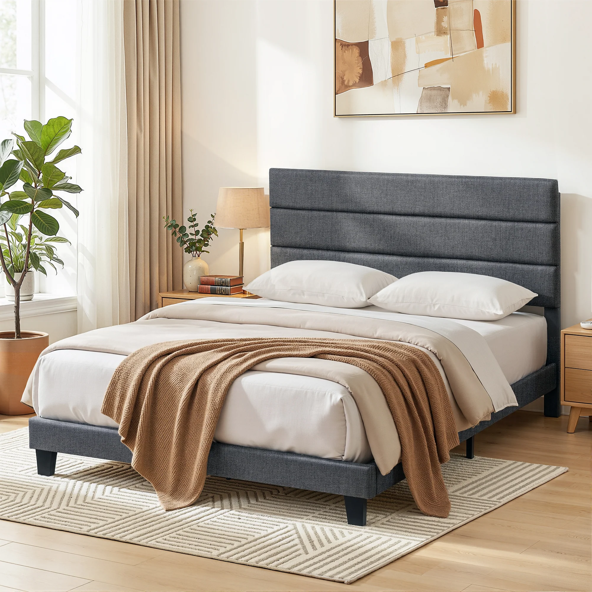 Artiss Double Bed Frame Upholstered Platform Base with Geometric Headboard Charcoal Grey Linen Wood Slats for Modern Bedroom Furniture Home Decor - Image 7