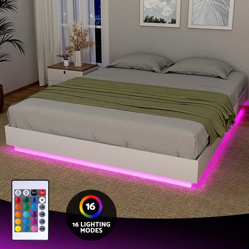 Artiss Double Bed Frame with 16Colour Led Light Wooden Platform Bed Base DAYGLOW - Image 4