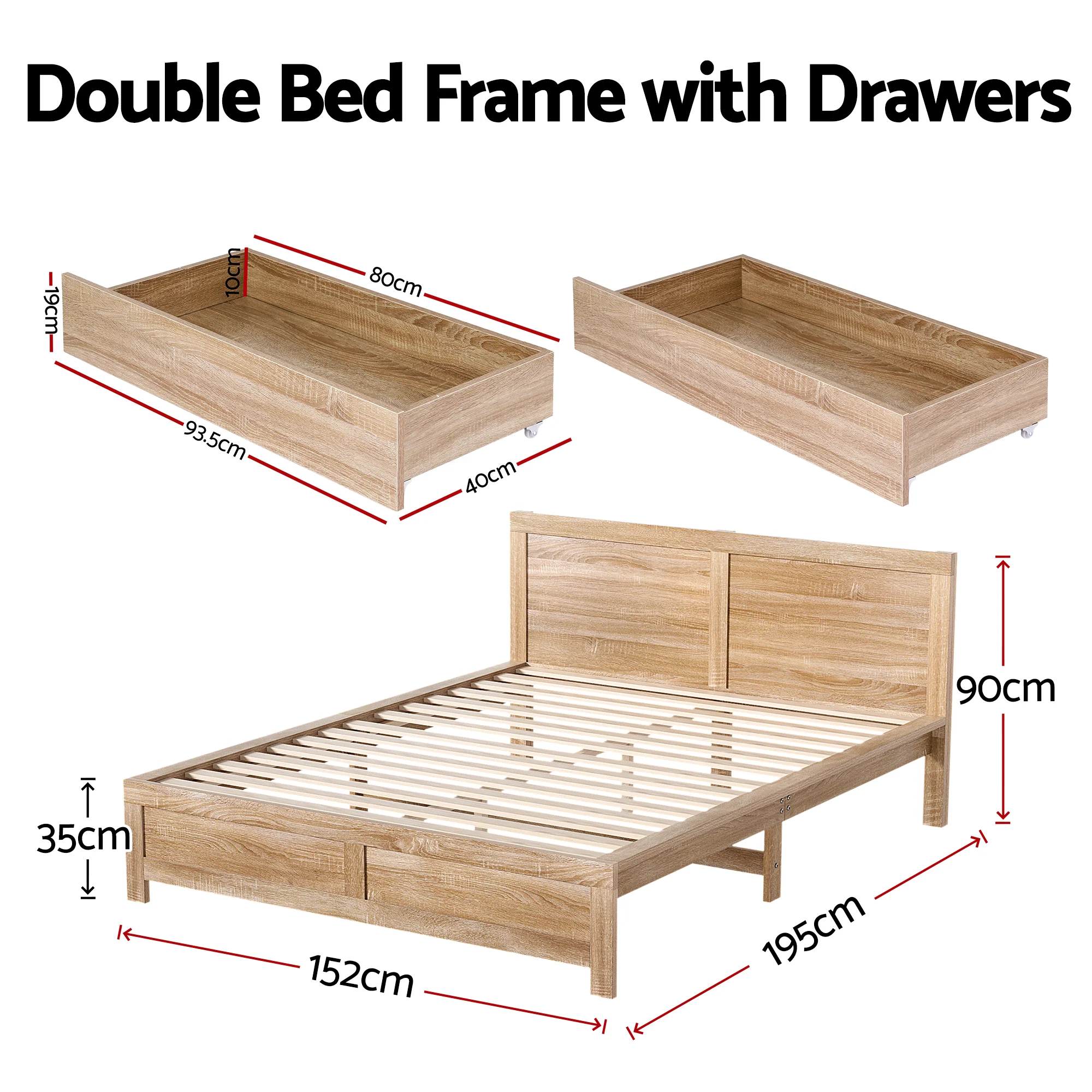 Artiss Double Bed Frame with 2 Drawers Bedroom Furniture - Image 3