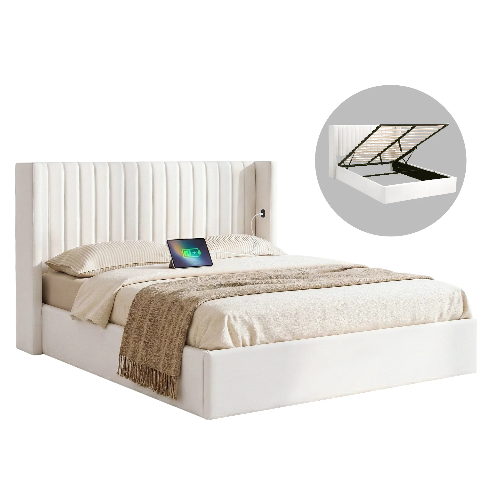 Artiss Double Bed Frame with Gaslift Storage USB Type-C Charging Ports Velvet Upholstery White - Image 2
