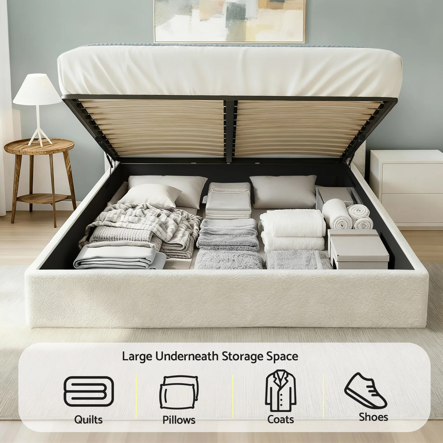 Artiss Double Bed Frame with Gaslift Storage Wooden Platform Mattress Base Boucle Upholstered White - Image 4