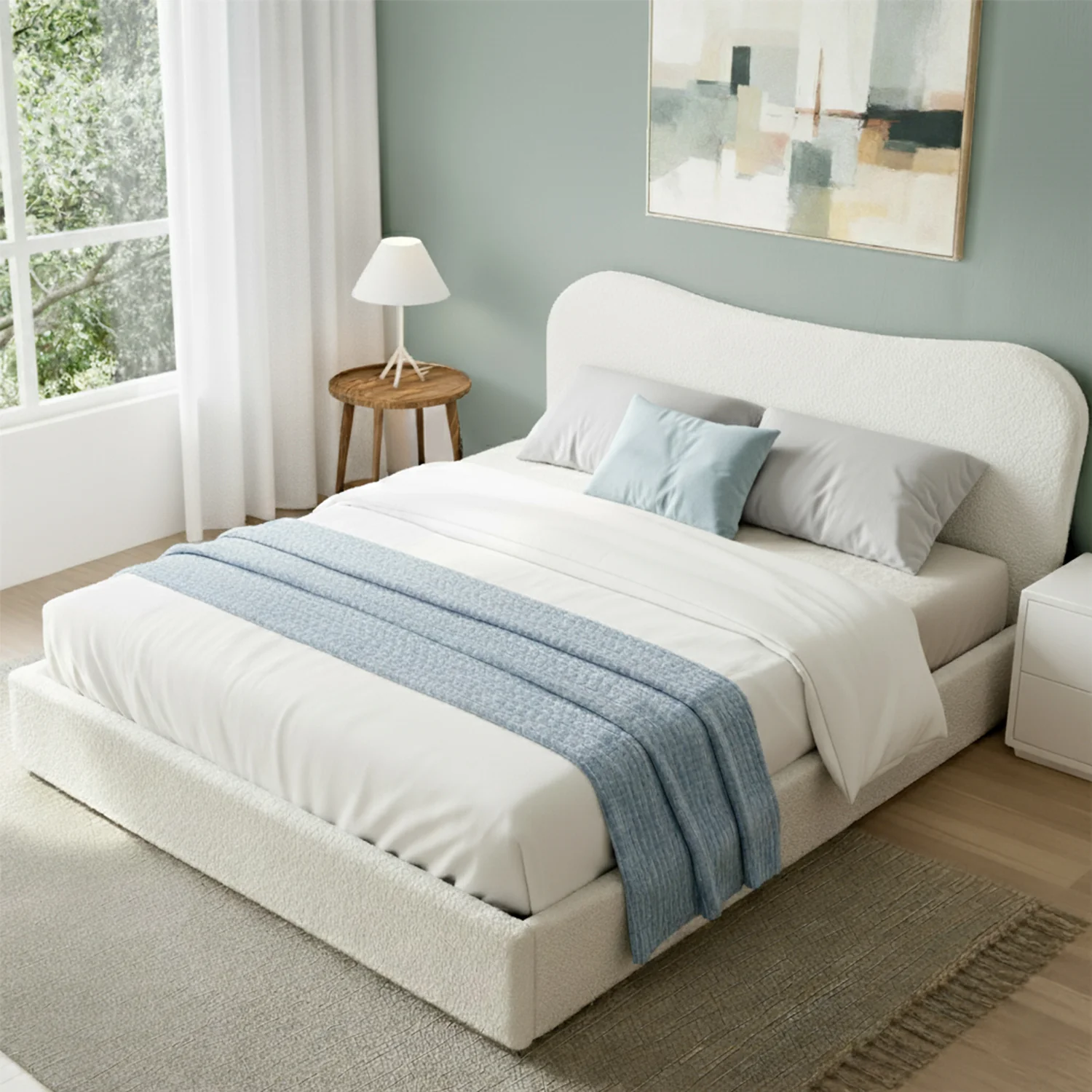 Artiss Double Bed Frame with Gaslift Storage Wooden Platform Mattress Base Boucle Upholstered White - Image 7