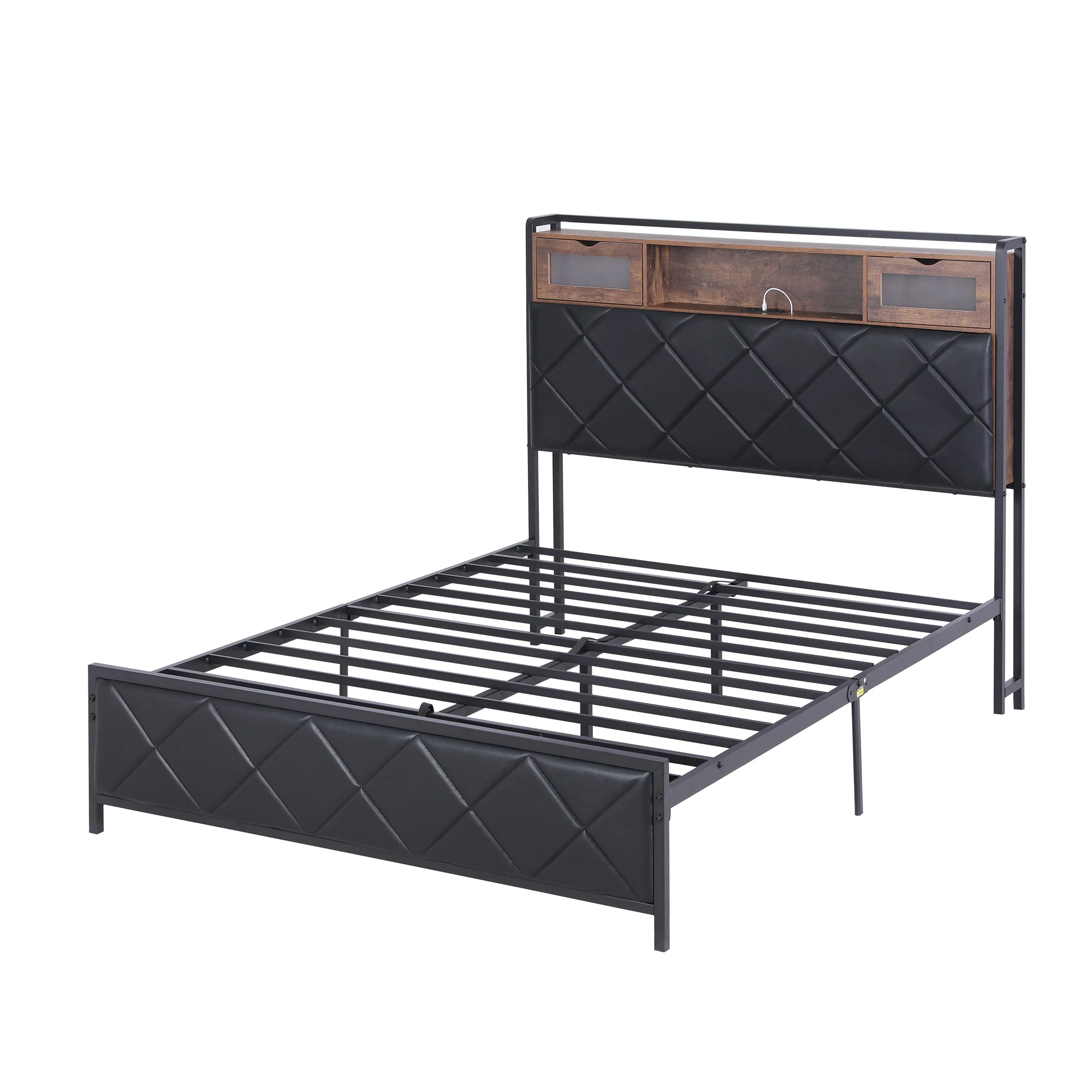 Artiss Double Bed Frame with LED Lights Storage Headboard 2 USB 2 AC Outlets Charging Station - Image 2