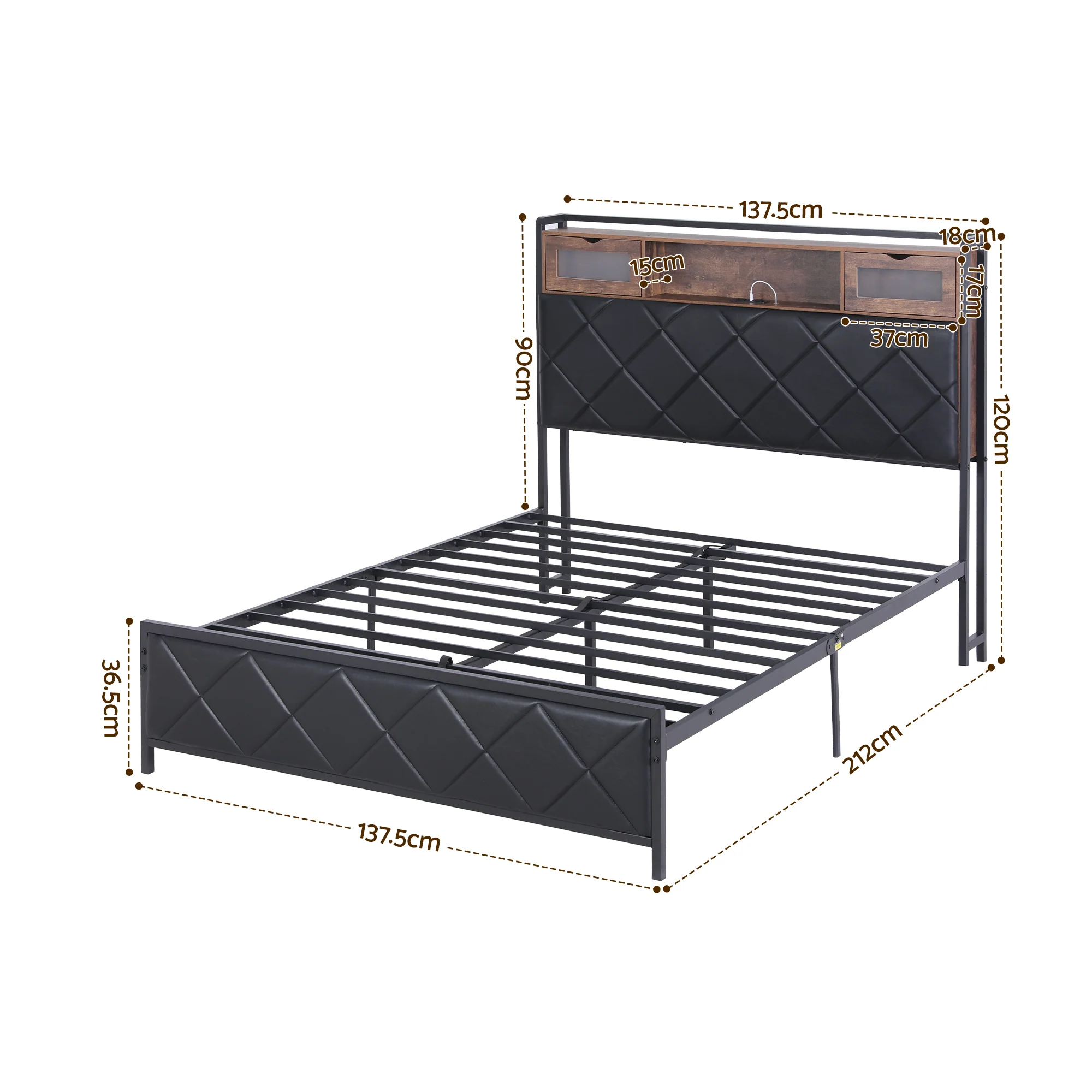 Artiss Double Bed Frame with LED Lights Storage Headboard 2 USB 2 AC Outlets Charging Station - Image 3