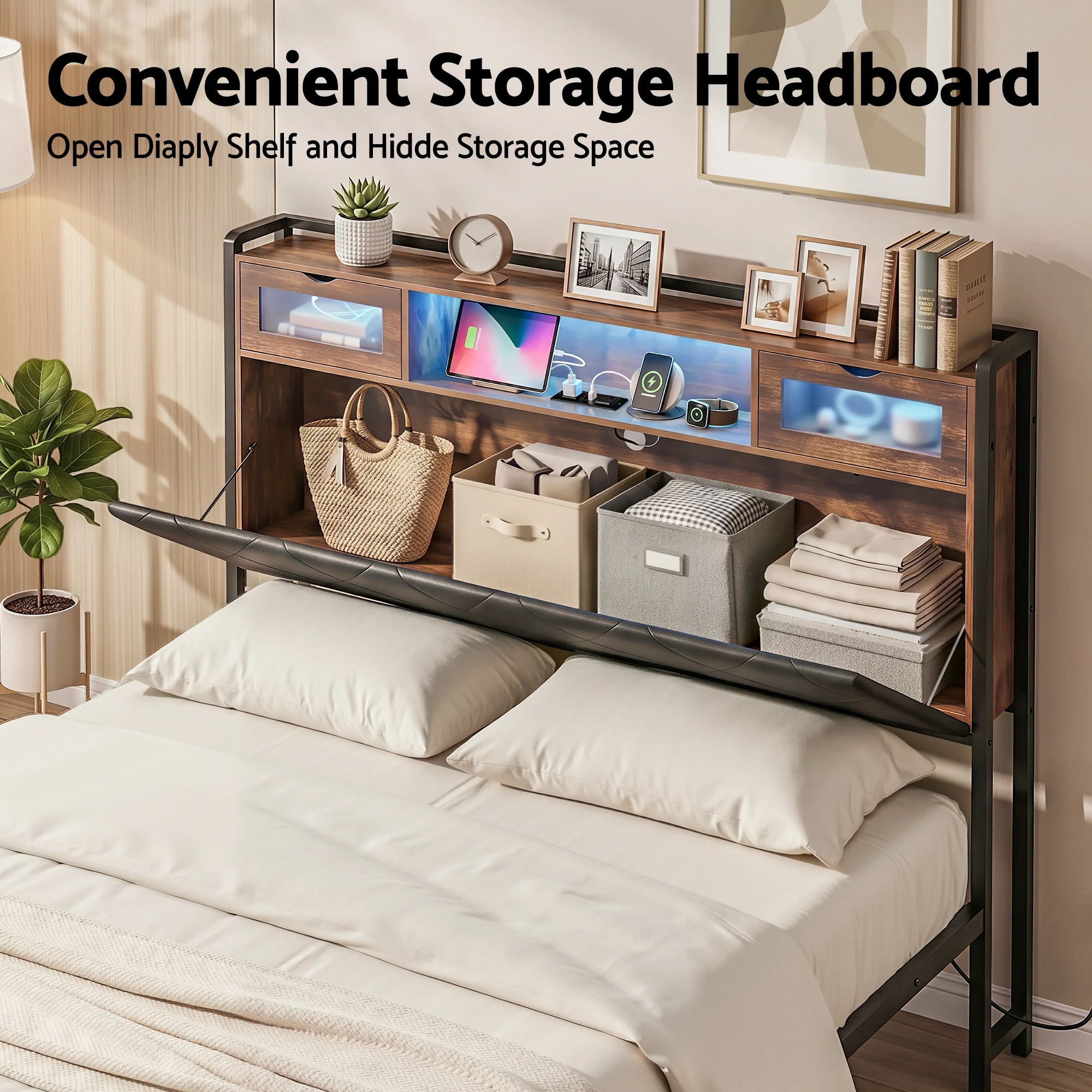Artiss Double Bed Frame with LED Lights Storage Headboard 2 USB 2 AC Outlets Charging Station - Image 6