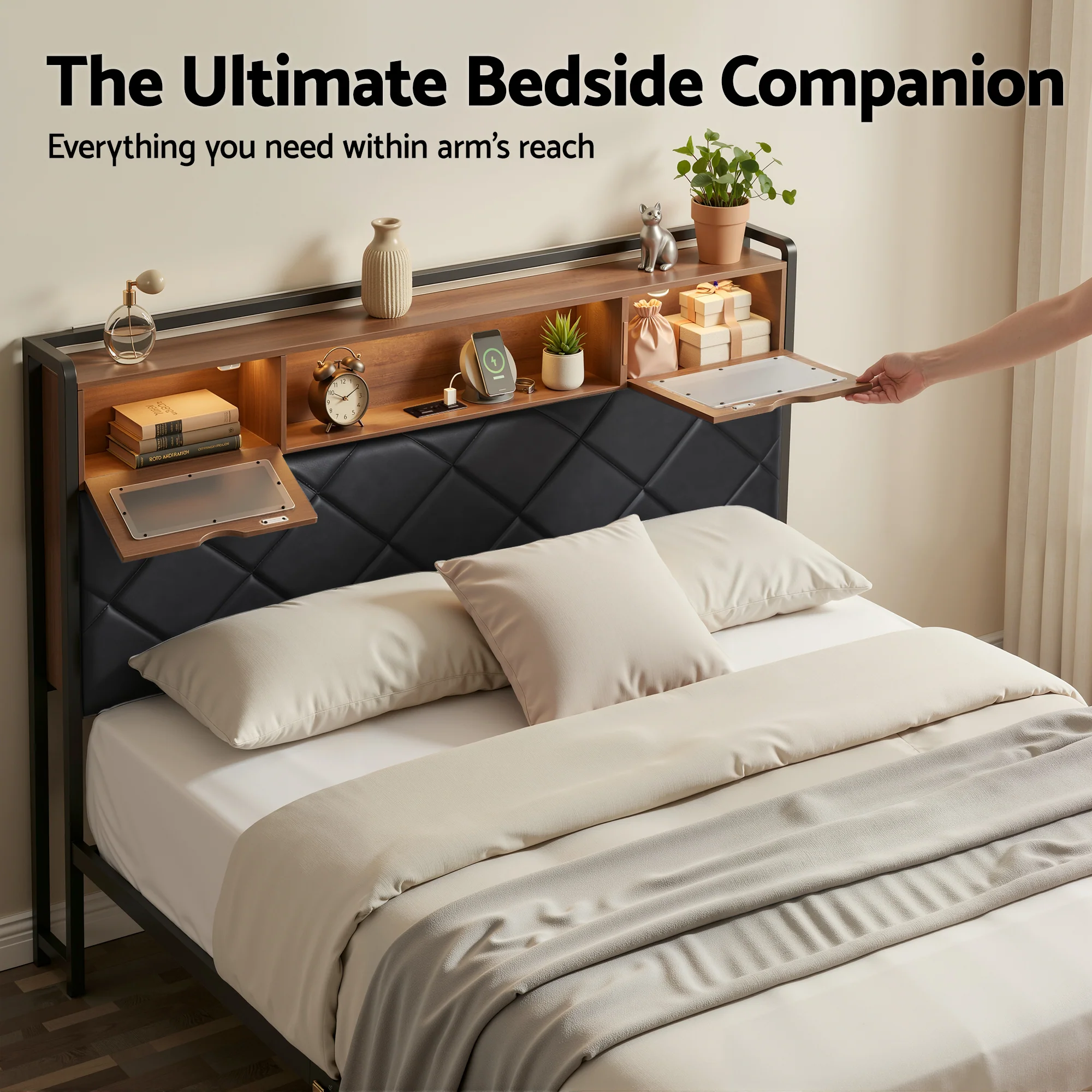 Artiss Double Bed Frame with LED Lights Storage Headboard 2 USB 2 AC Outlets Charging Station - Image 7