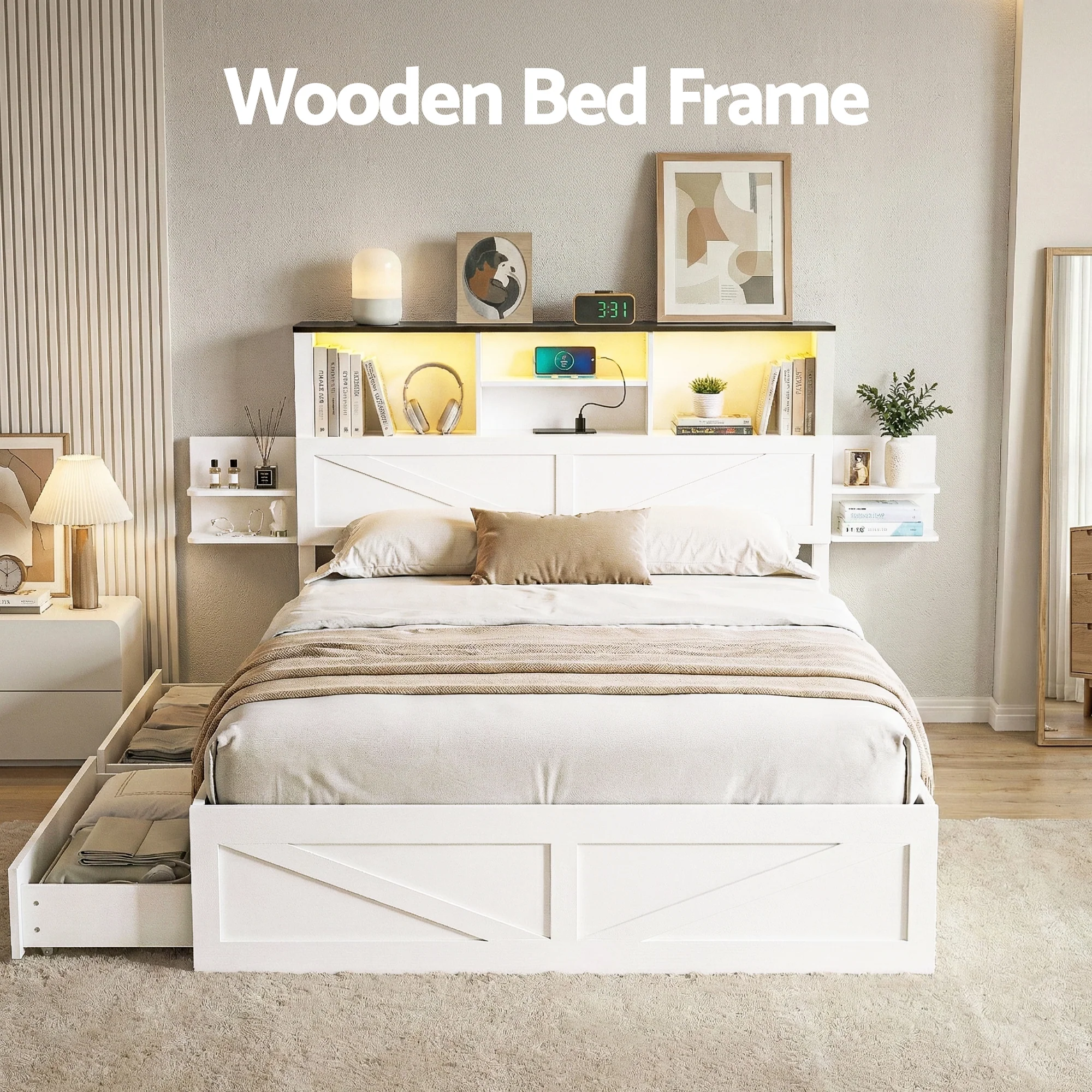 Artiss Double Bed Frame with Storage Drawers White Platform Bedframe with Bookcase Headboard Charging Station Led Light - Image 5
