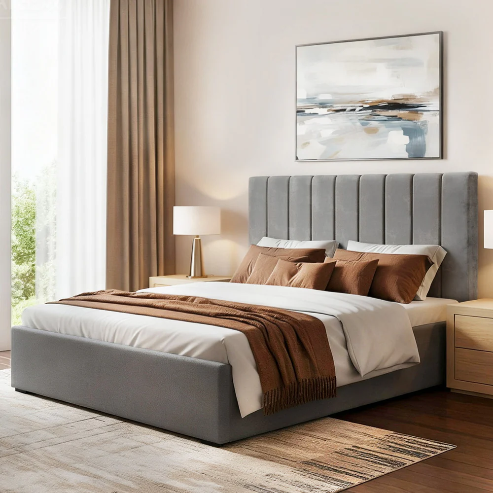 Artiss Double Bed Frame with Storage Grey Velvet Headboard Gas Lift Platform Base - Image 7